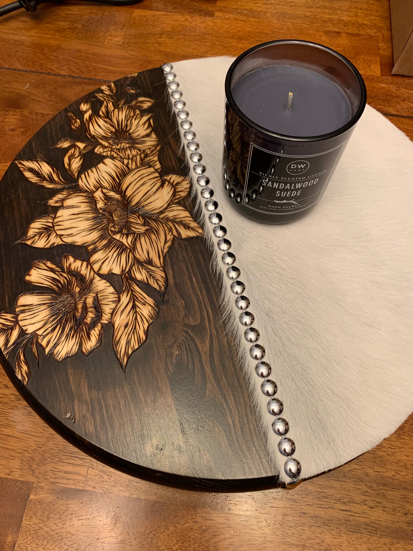 Hand Burned "Floral and Cowhide" Lazy Susan Turntables