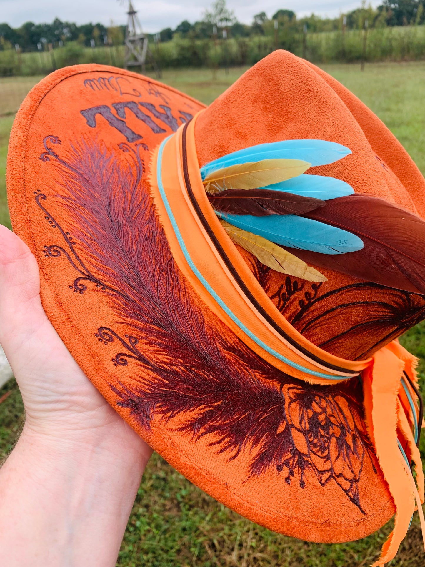 Hand Burned Rancher Hat with Pumpkins "Fall for Jesus" Design