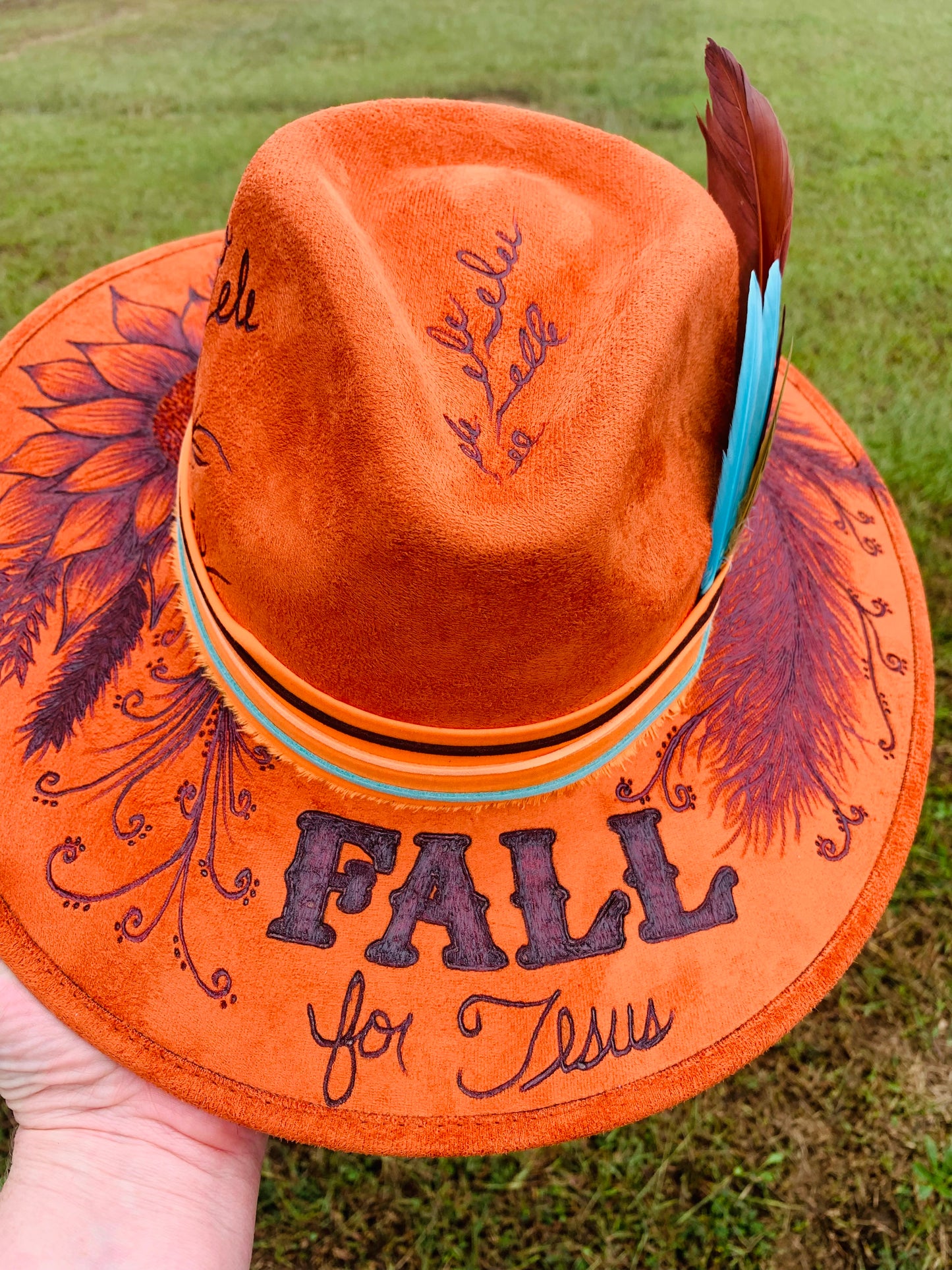 Hand Burned Rancher Hat with Pumpkins "Fall for Jesus" Design