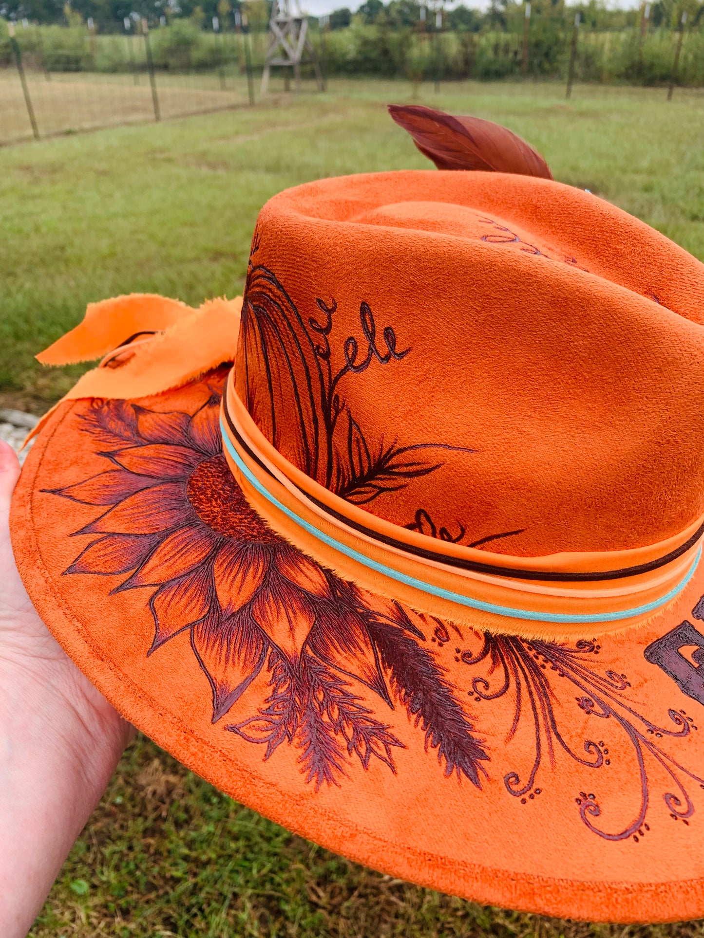 Hand Burned Rancher Hat with Pumpkins "Fall for Jesus" Design