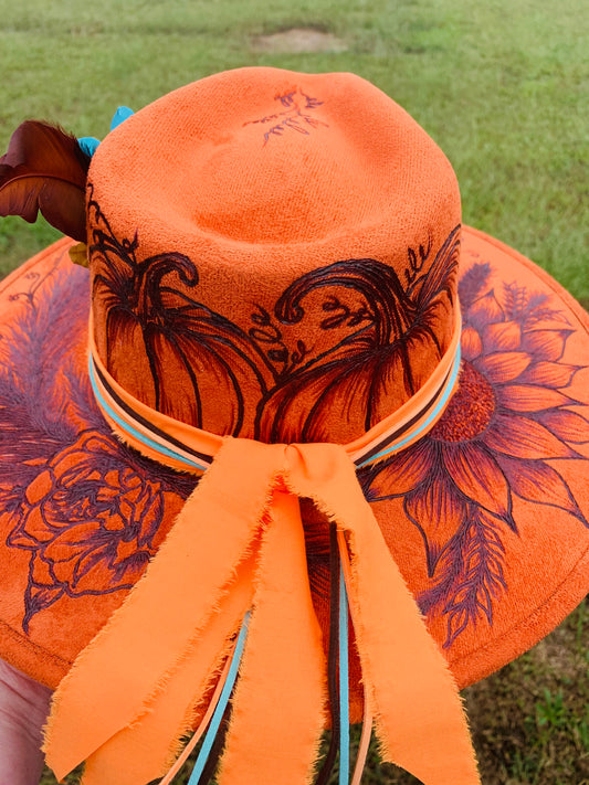 Hand Burned Rancher Hat with Pumpkins "Fall for Jesus" Design