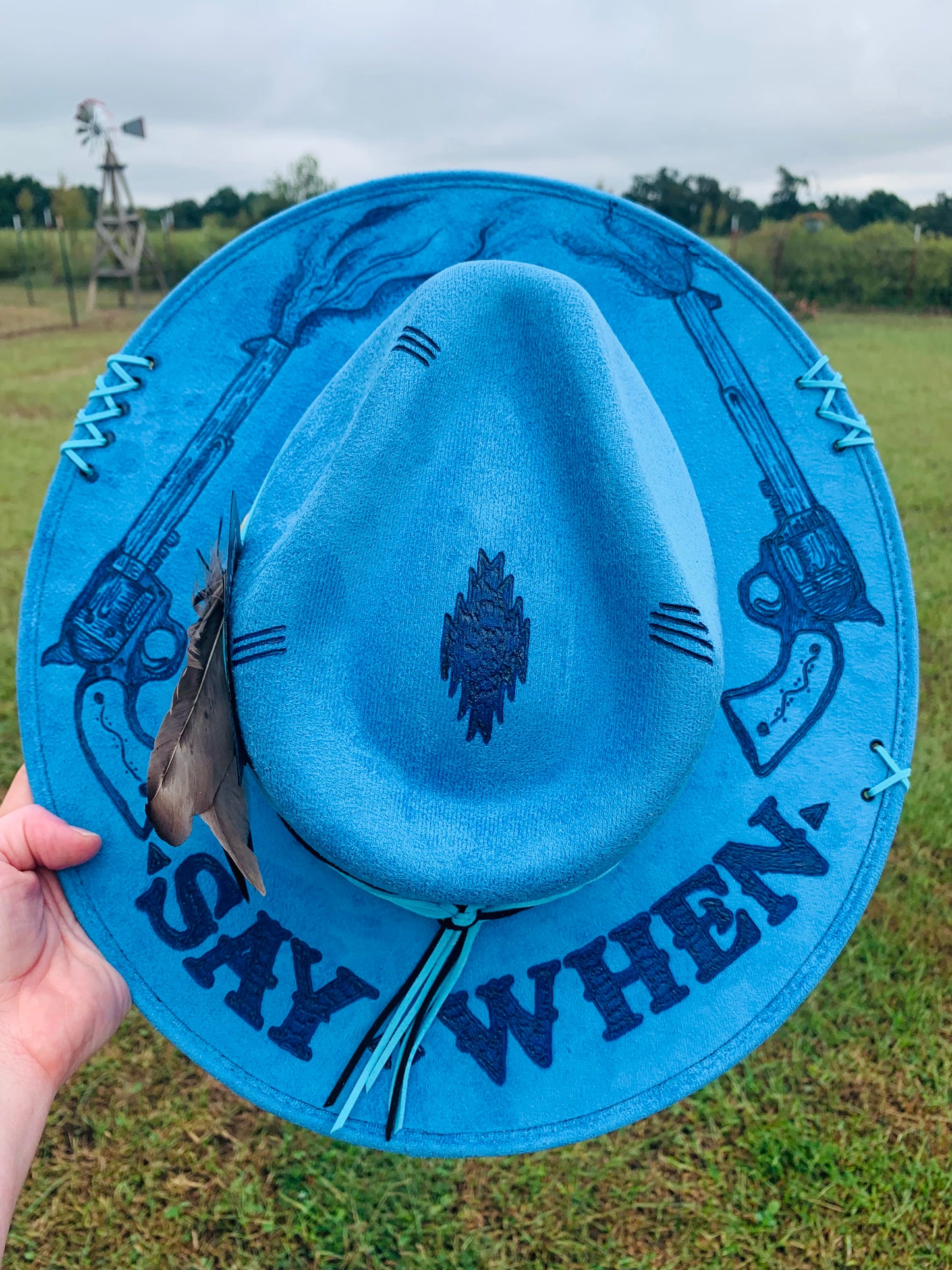 Hand Burned Rancher Hat with Pistols "Say When" Design