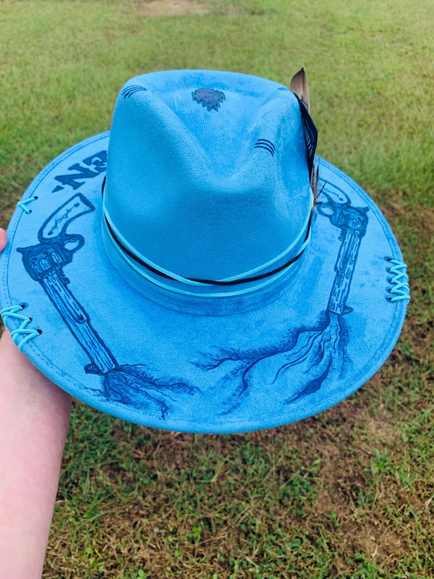 Hand Burned Rancher Hat with Pistols "Say When" Design