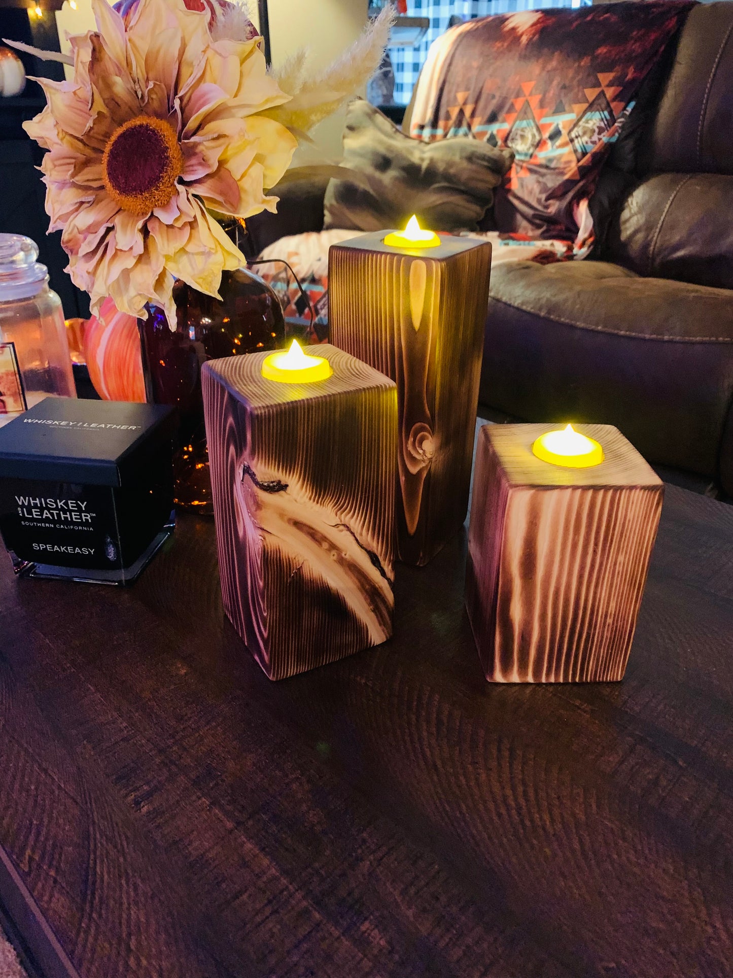 Set of 3 Rustic Tealight Candle Pillars