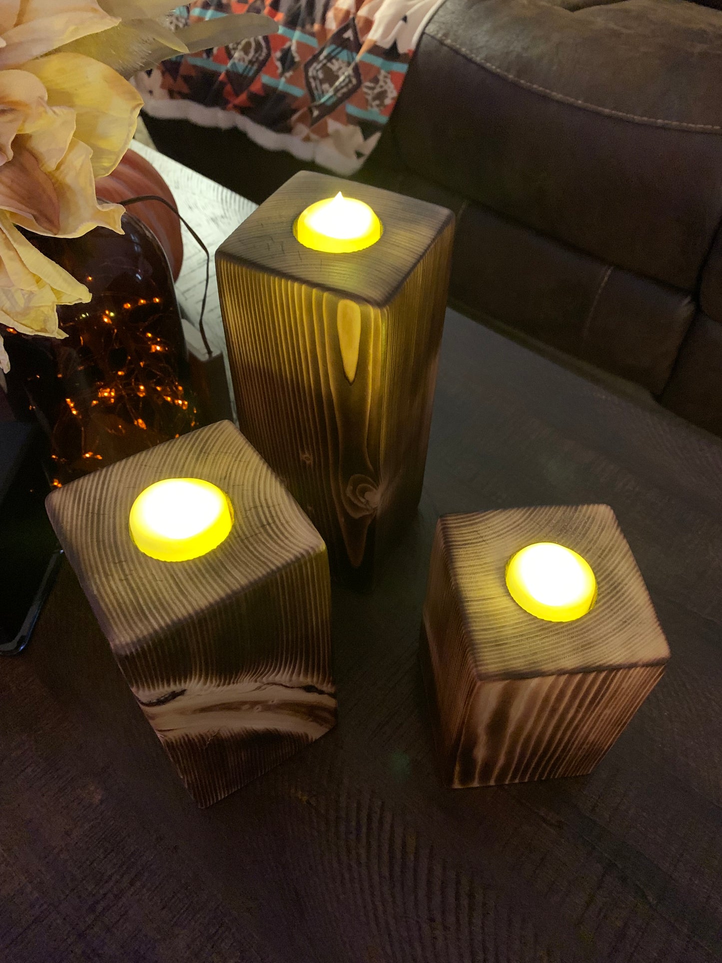 Set of 3 Rustic Tealight Candle Pillars