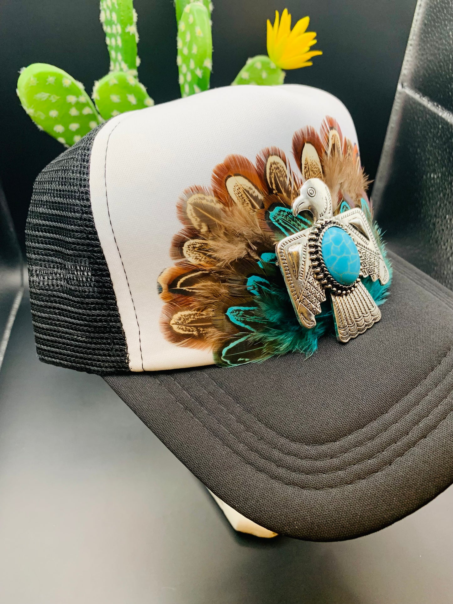 Feather Trucker Hat Two Tone Black and White