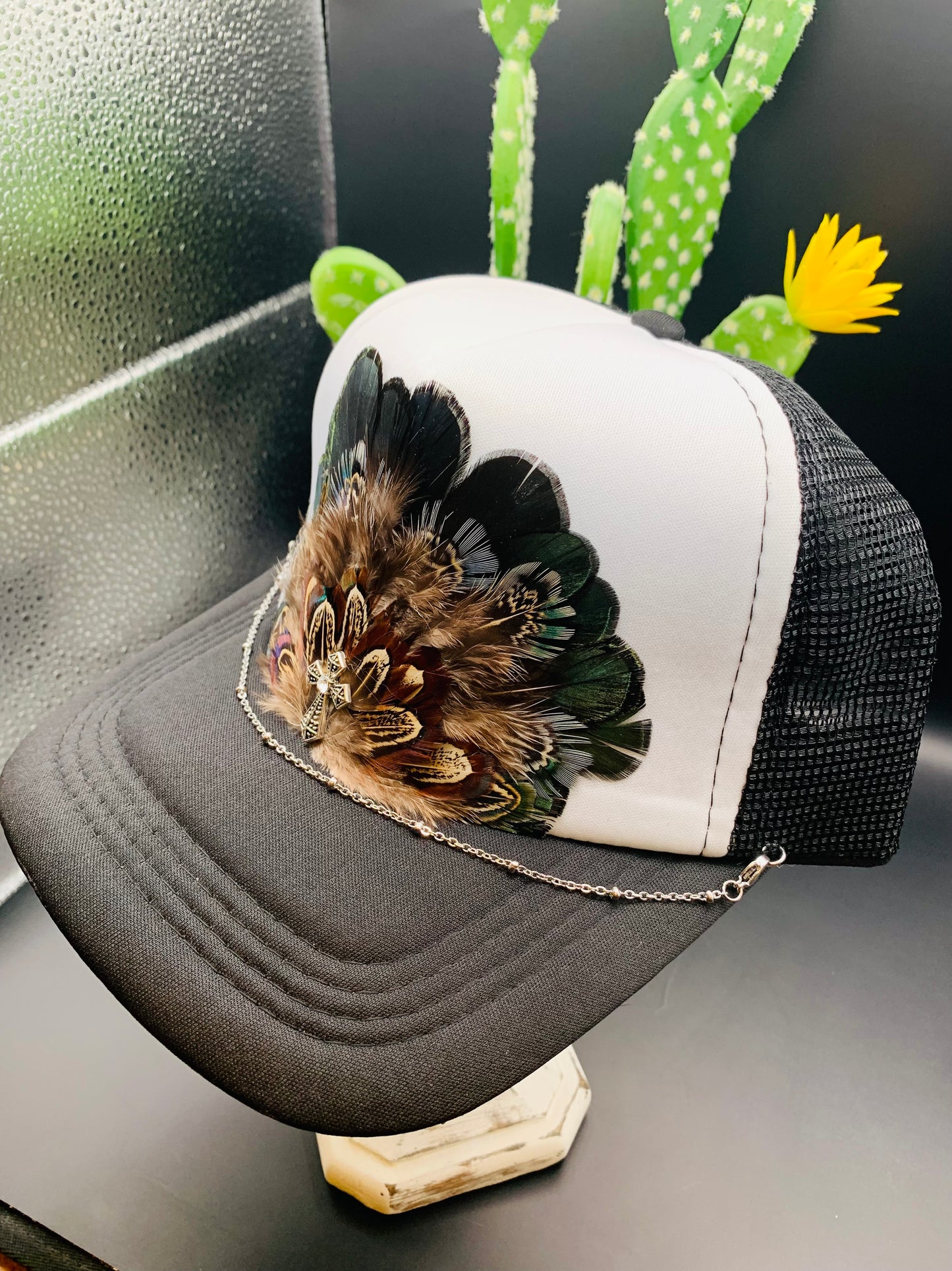 Feather Trucker Hat Two Tone Black and White