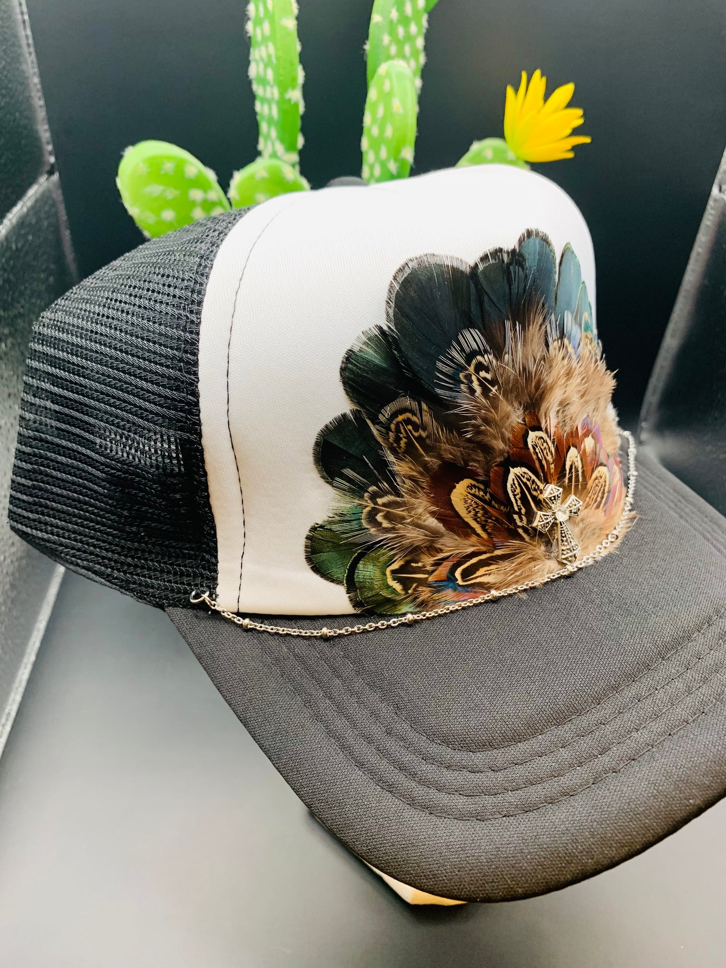 Feather Trucker Hat Two Tone Black and White