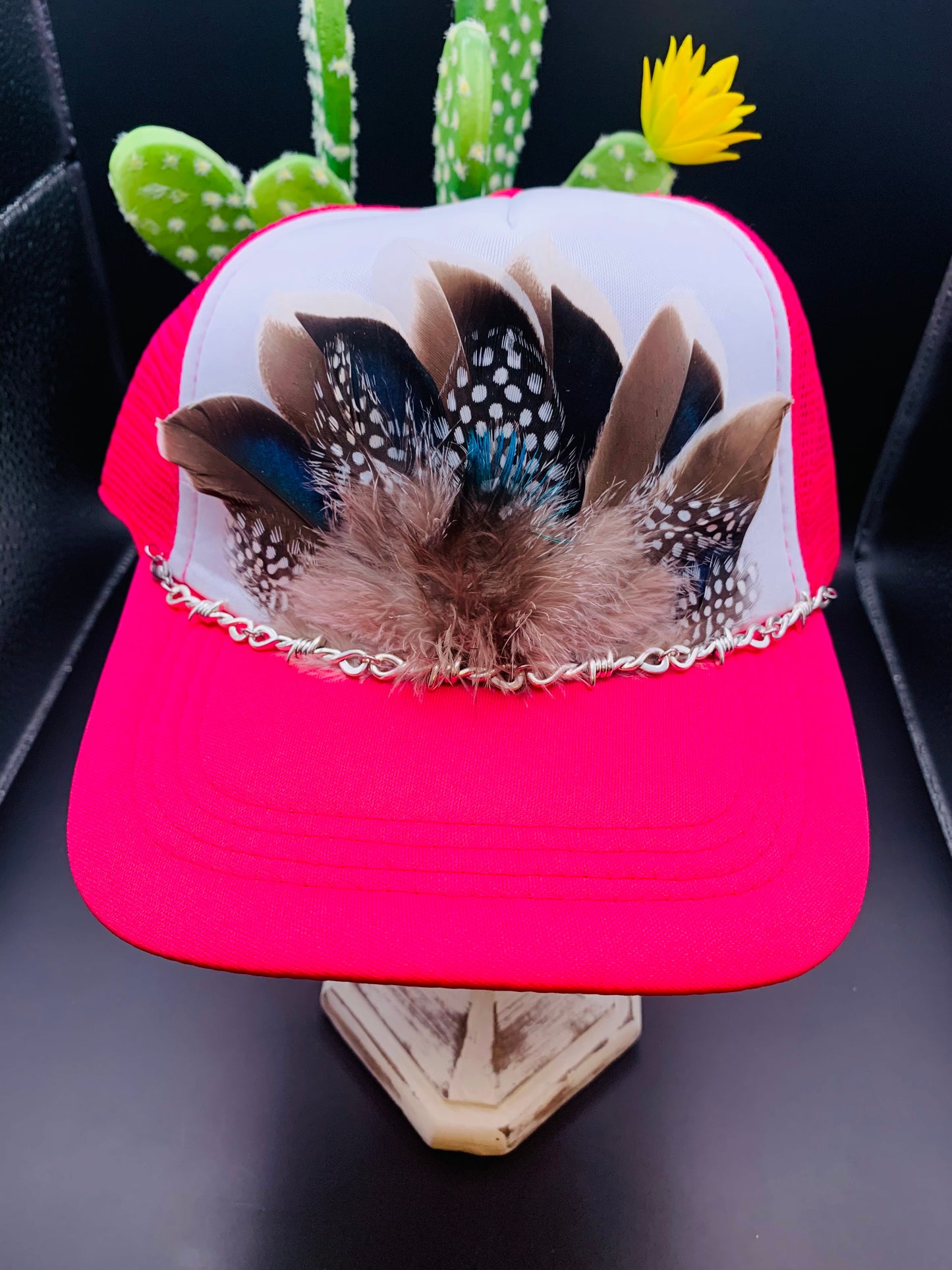 Feather Trucker Hat Two Tone Pink and White