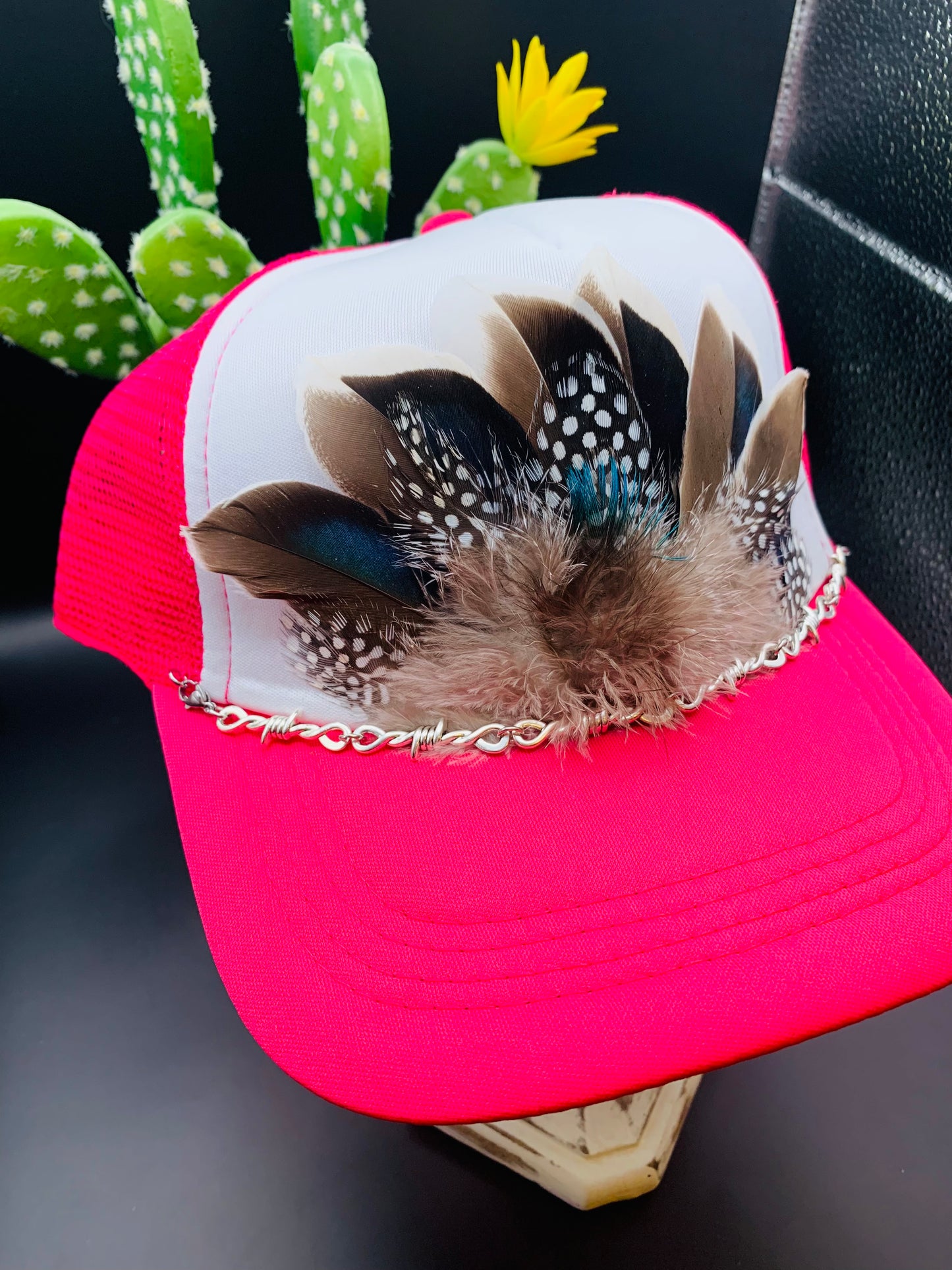 Feather Trucker Hat Two Tone Pink and White