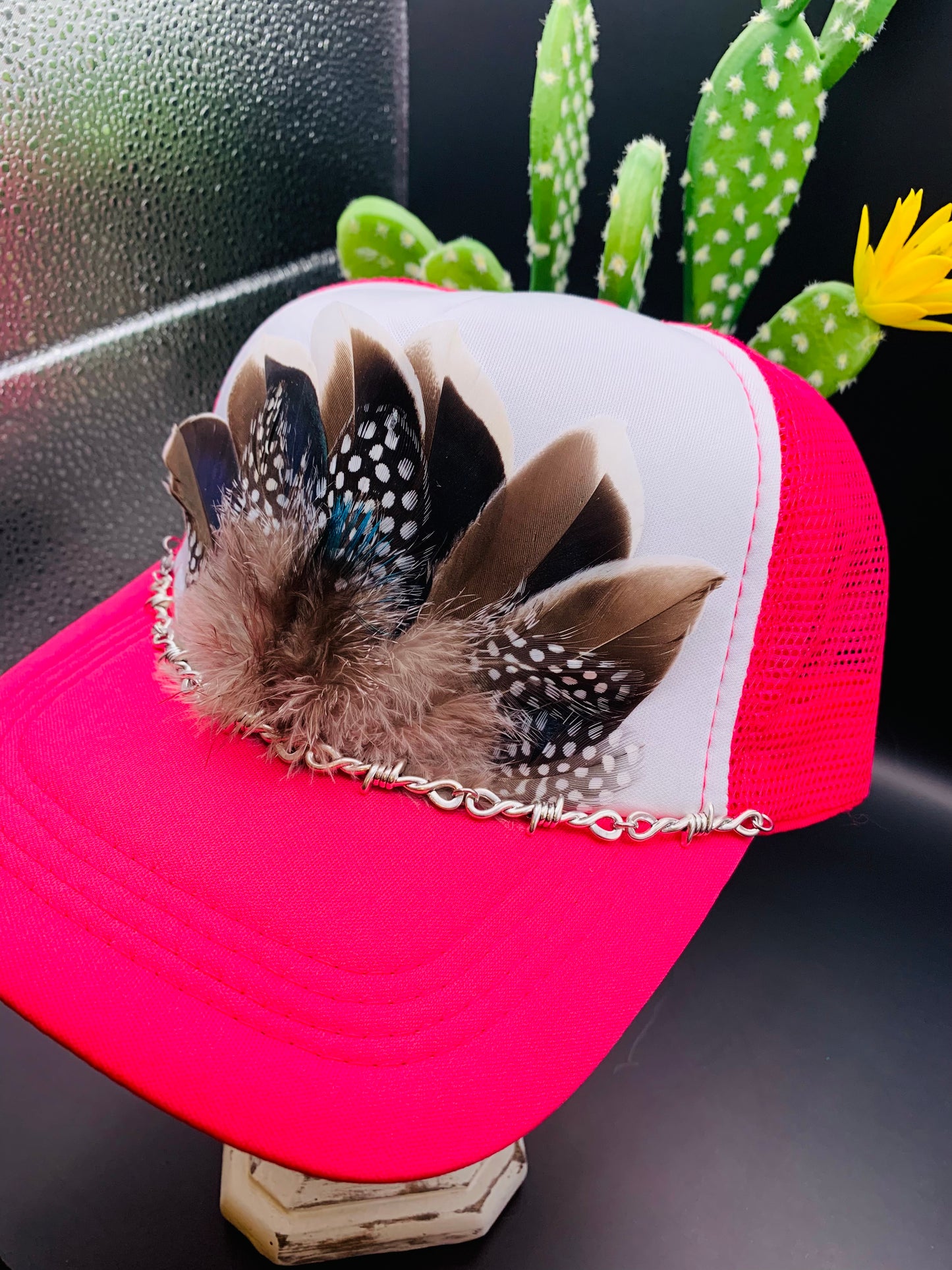 Feather Trucker Hat Two Tone Pink and White