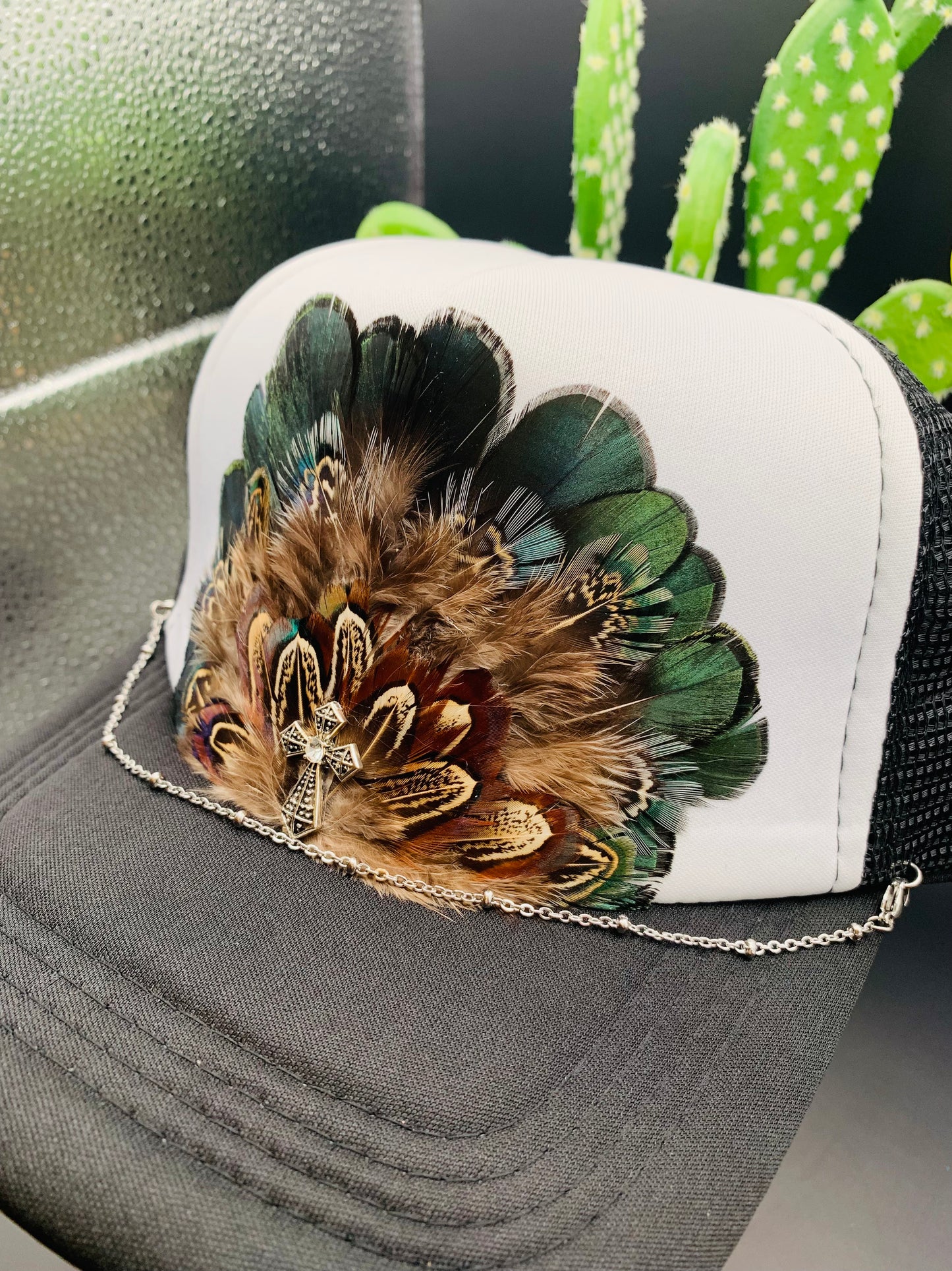 Feather Trucker Hat Two Tone Black and White