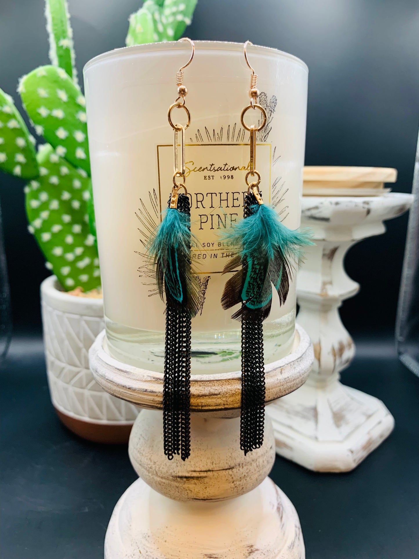 Turquoise/Rose Gold  Feather Dangling Earrings