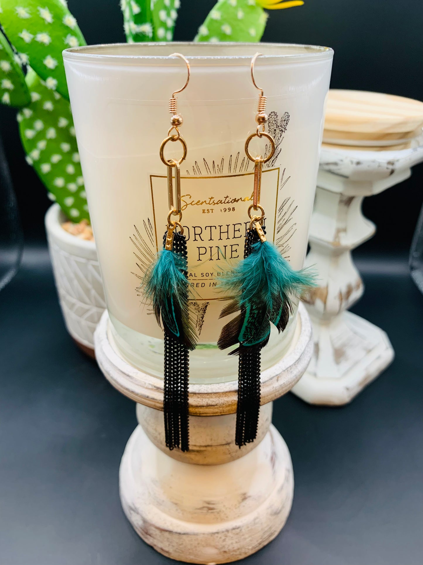 Turquoise/Rose Gold  Feather Dangling Earrings