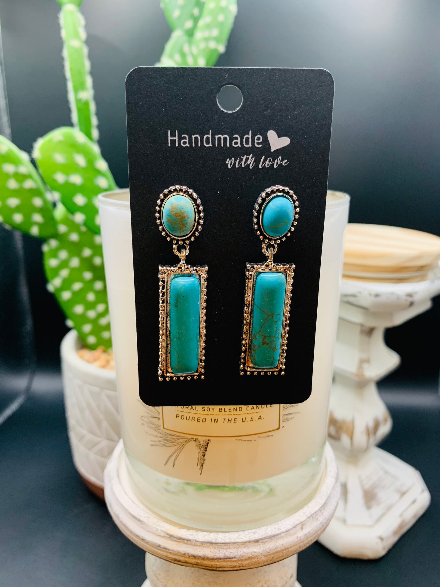 Antique Silver Turquoise Bar Earrings