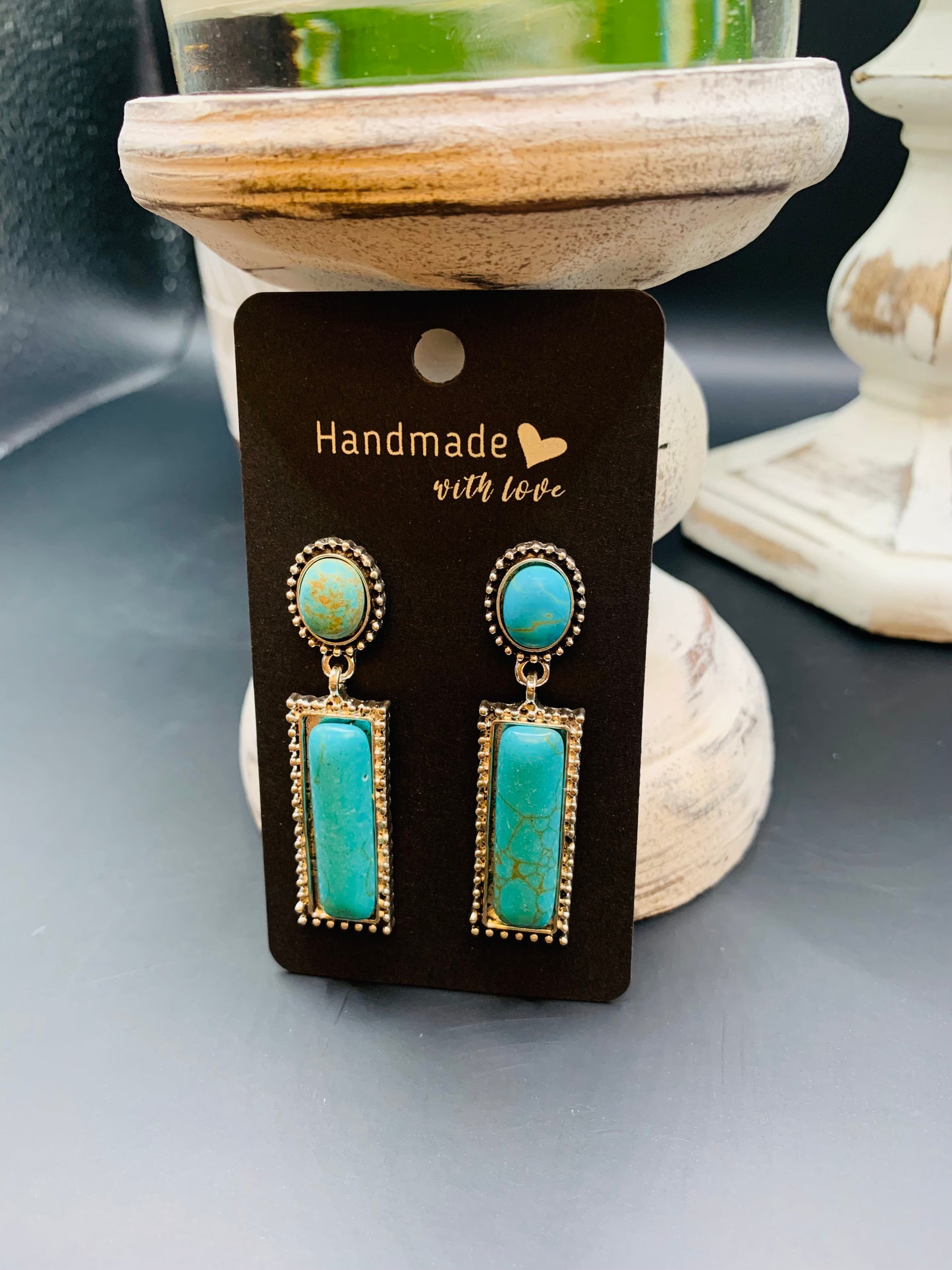 Antique Silver Turquoise Bar Earrings