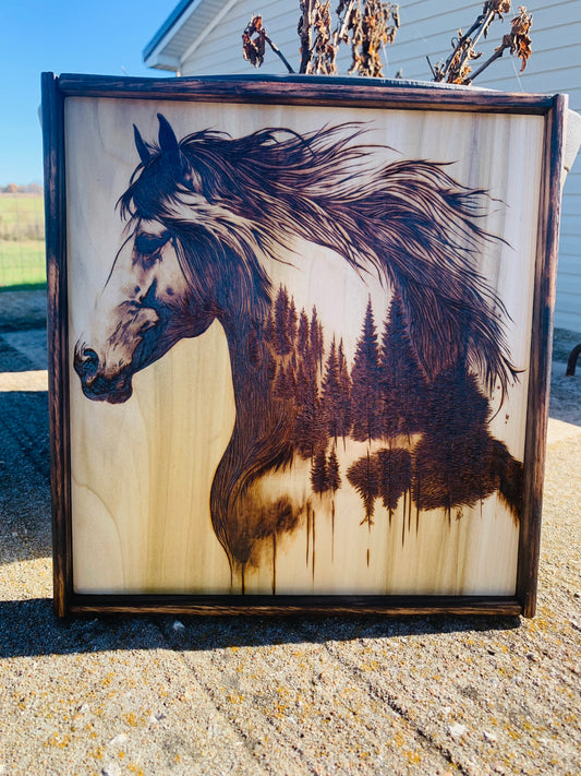 Hand Burned "Wild Mustang Horse/Forest Scene"