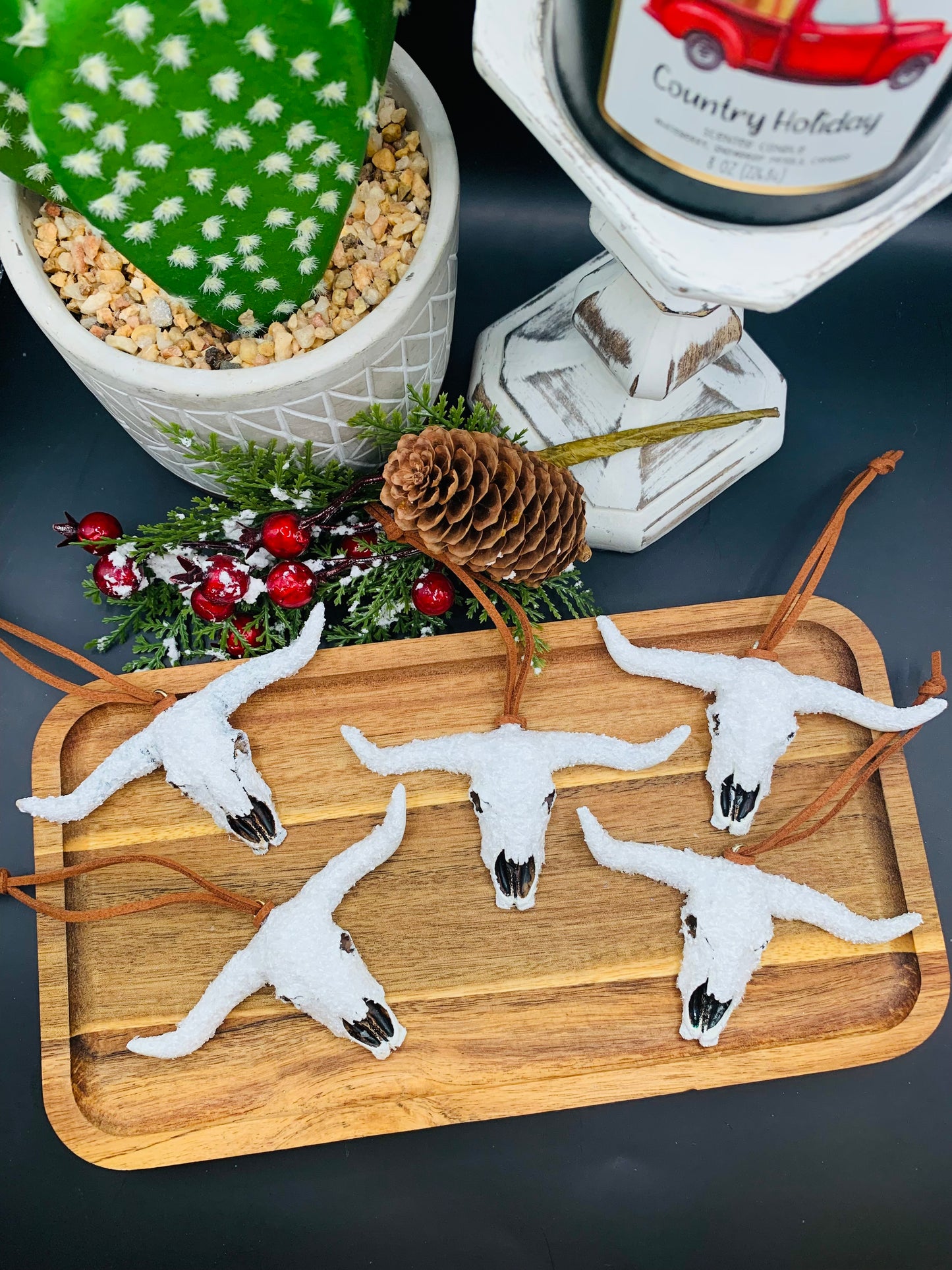 "Snow Drift" Bull Skull and Cowhide Rug Ornaments (Set of 9)