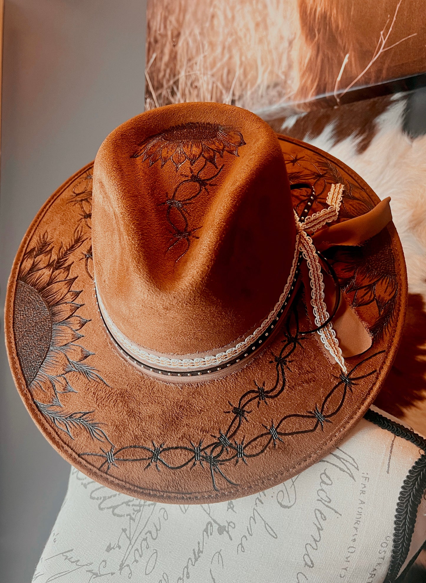 Hand Burned Rancher Hat with Sunflowers and Barb Wire Design