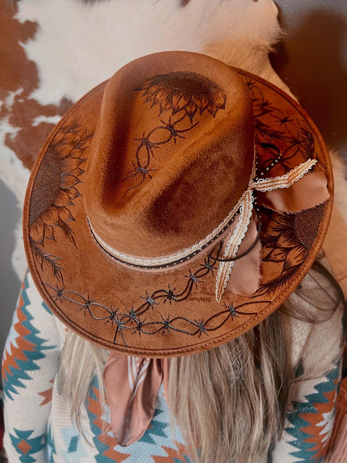 Hand Burned Rancher Hat with Sunflowers and Barb Wire Design