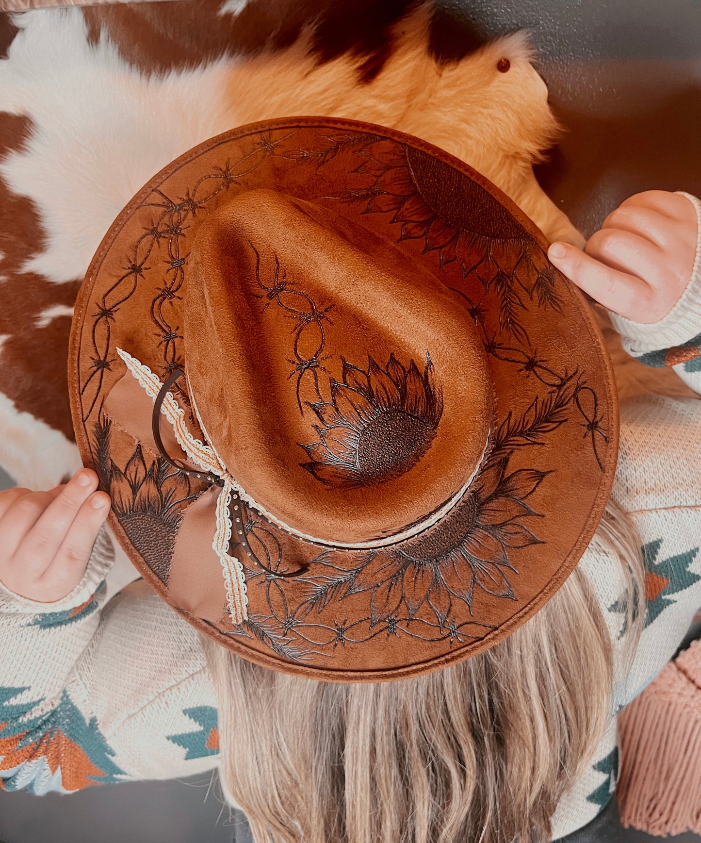 Hand Burned Rancher Hat with Sunflowers and Barb Wire Design