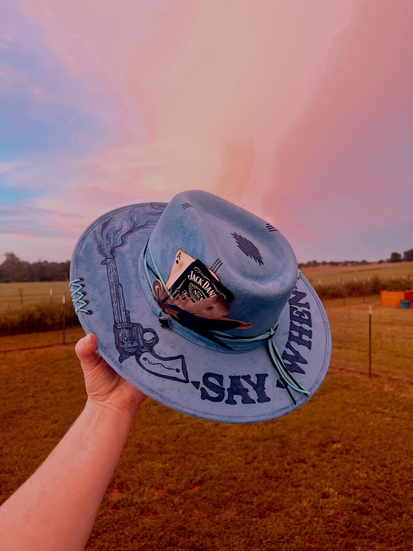 Hand Burned Rancher Hat with Pistols "Say When" Design