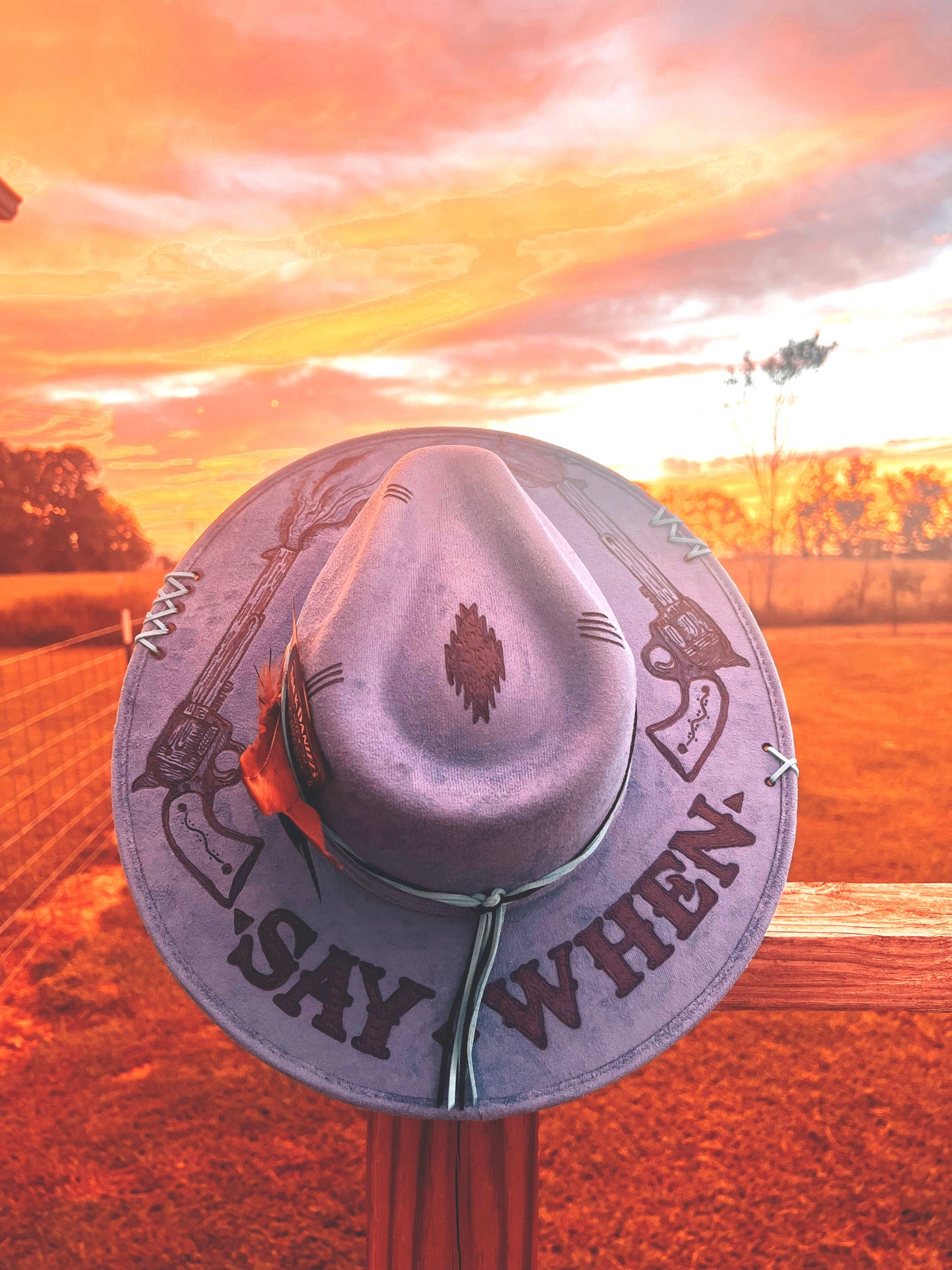 Hand Burned Rancher Hat with Pistols "Say When" Design