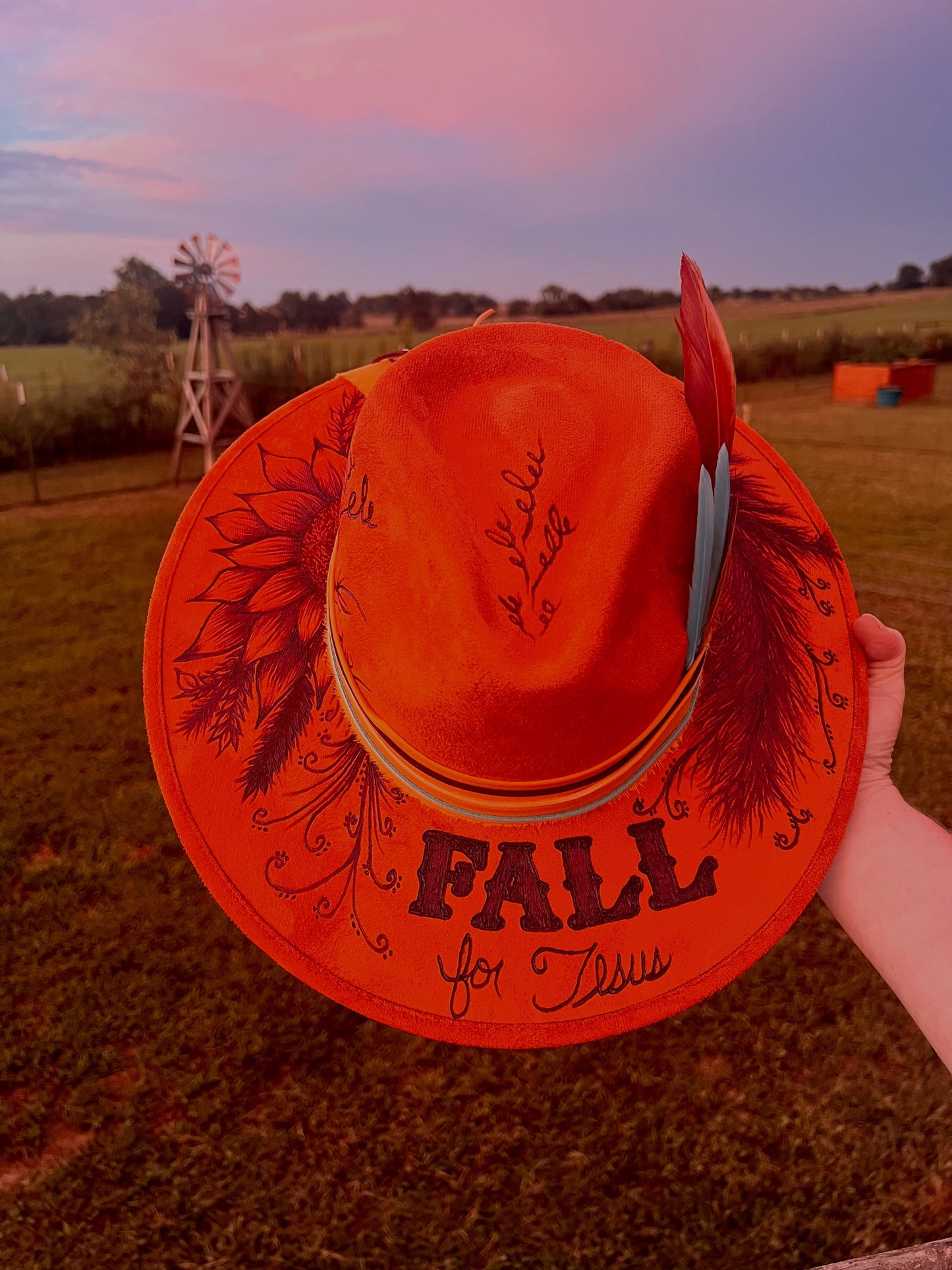 Hand Burned Rancher Hat with Pumpkins "Fall for Jesus" Design