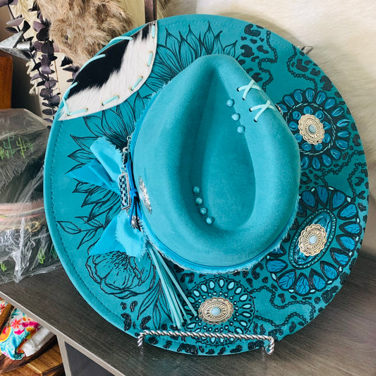 Hand Burned Rancher Hat with Squash Blossom/Concho Design