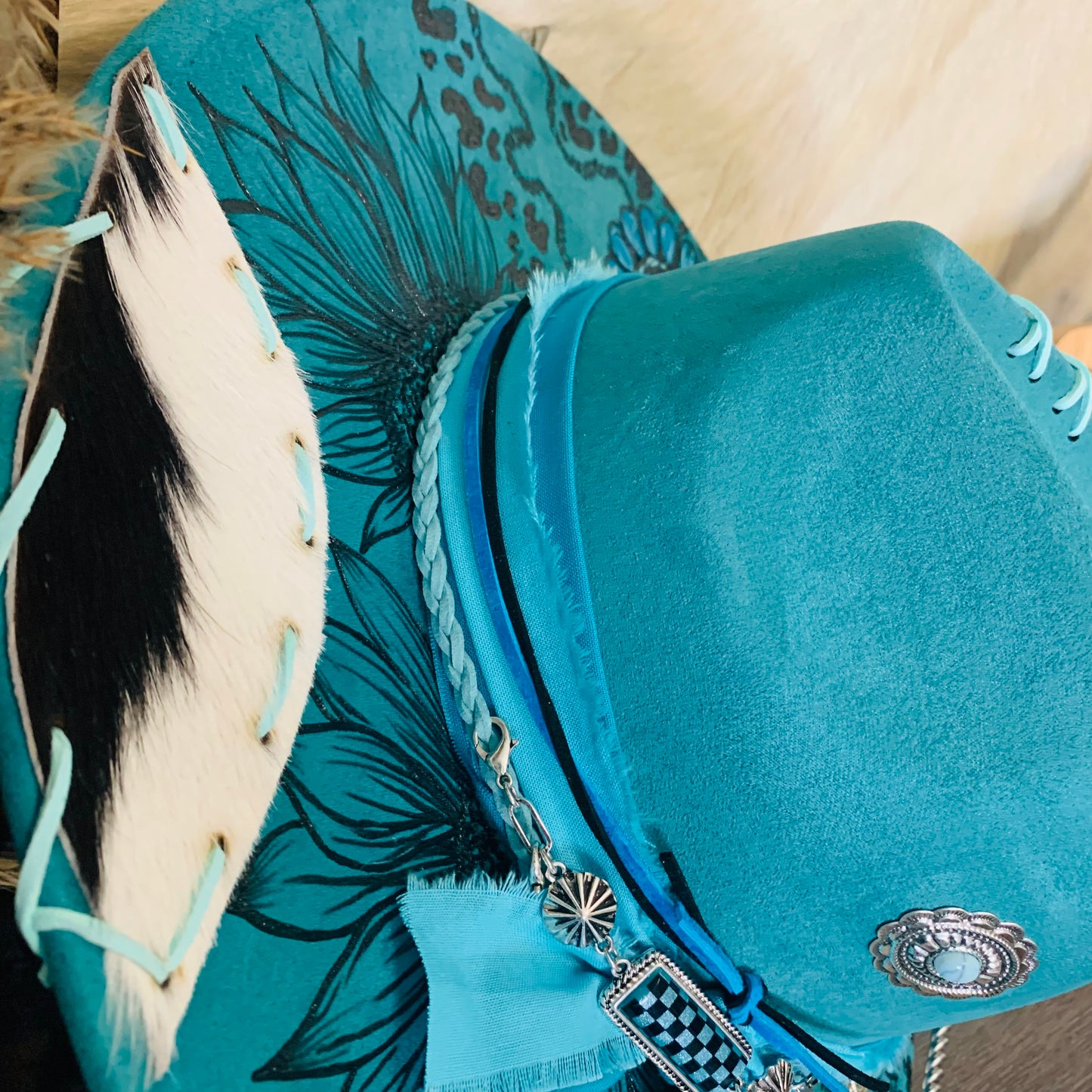 Hand Burned Rancher Hat with Squash Blossom/Concho Design