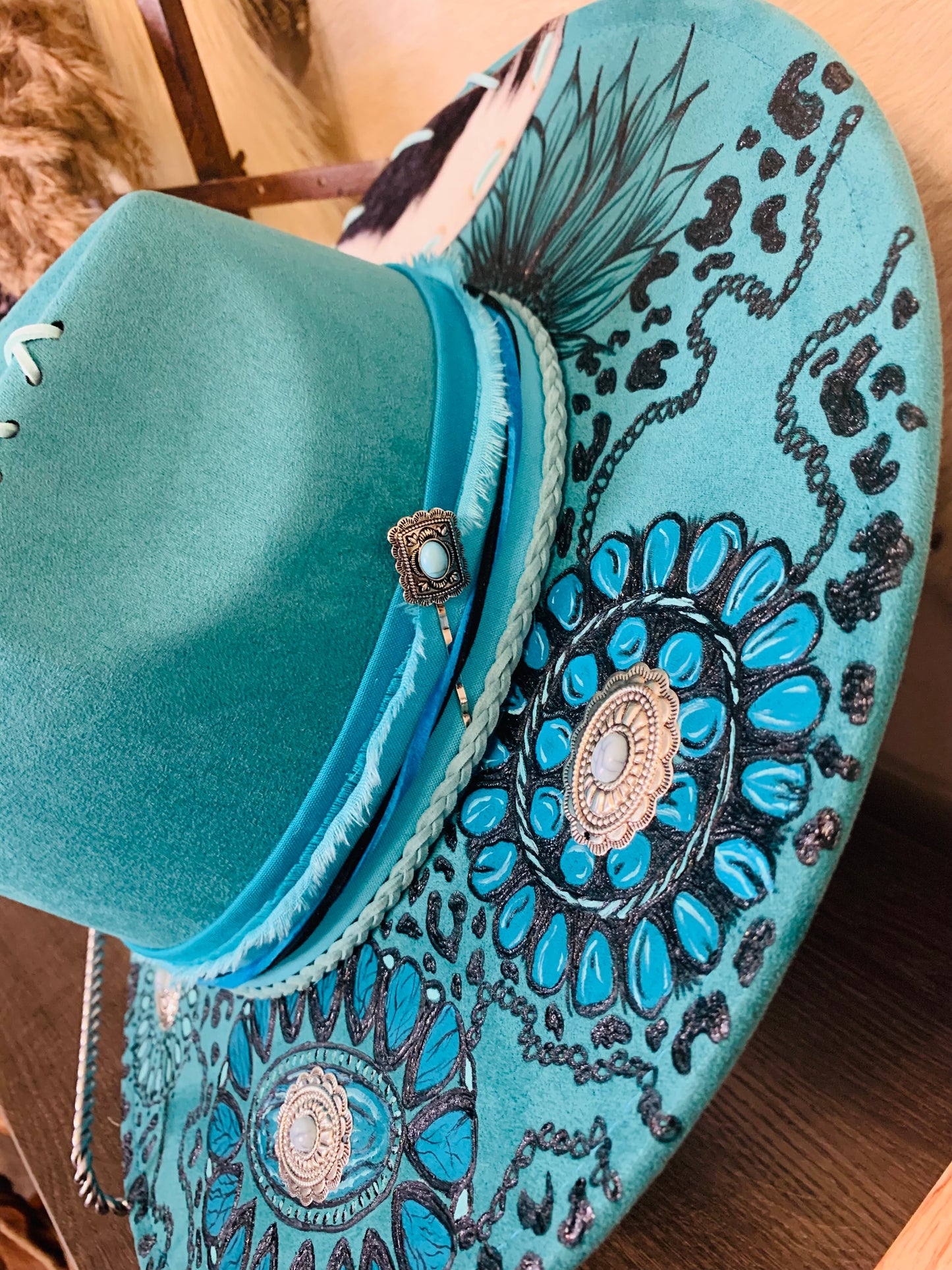Hand Burned Rancher Hat with Squash Blossom/Concho Design