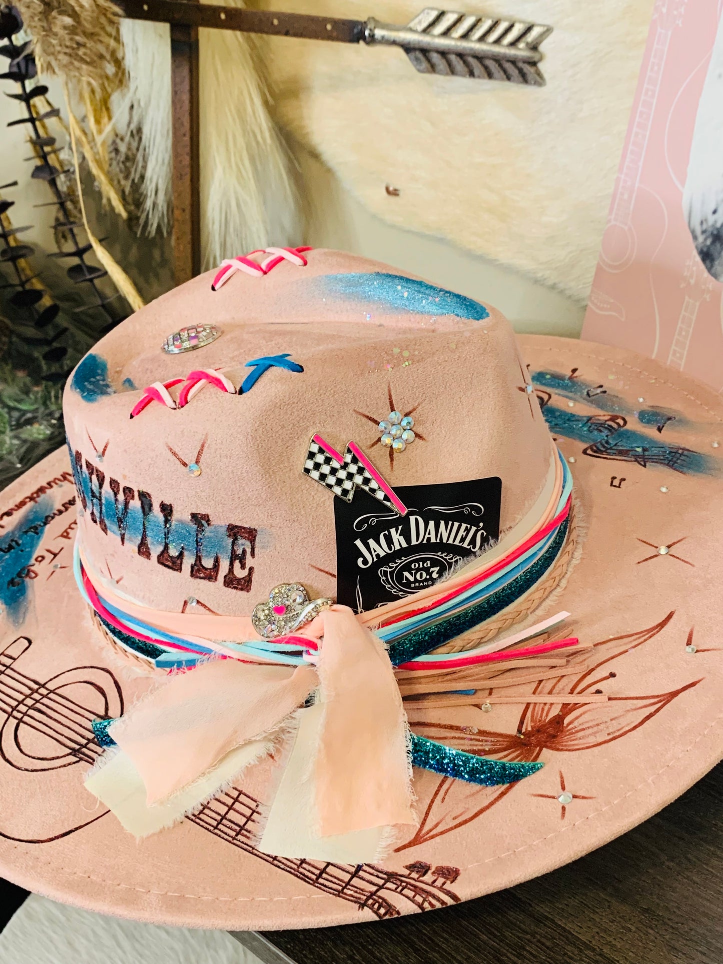 Hand Burned Rancher Hat with Dolly/Nashville Design