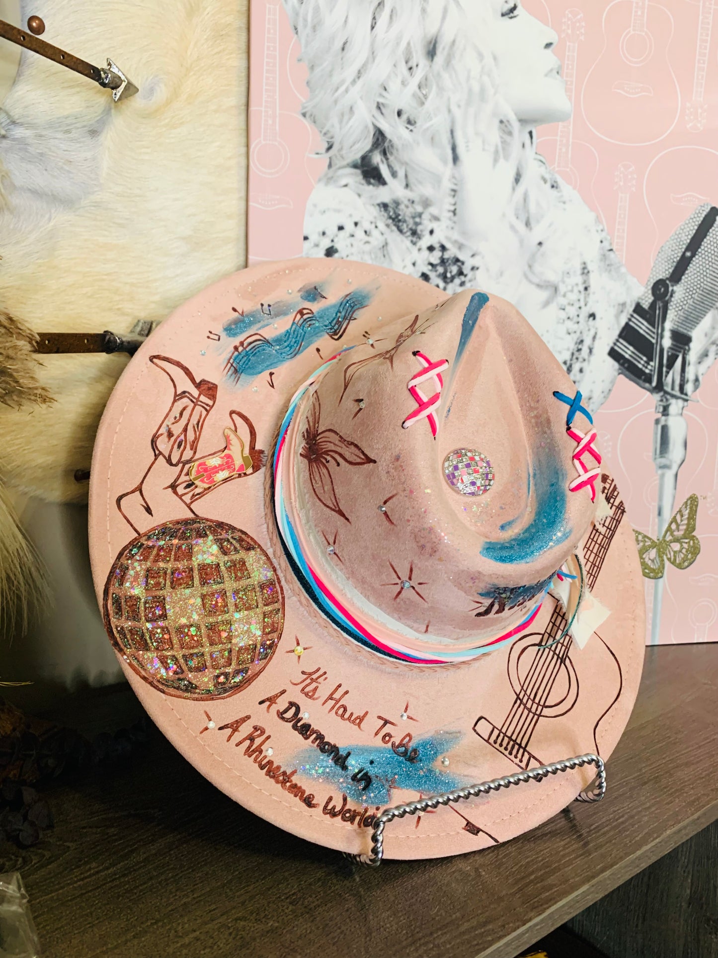 Hand Burned Rancher Hat with Dolly/Nashville Design