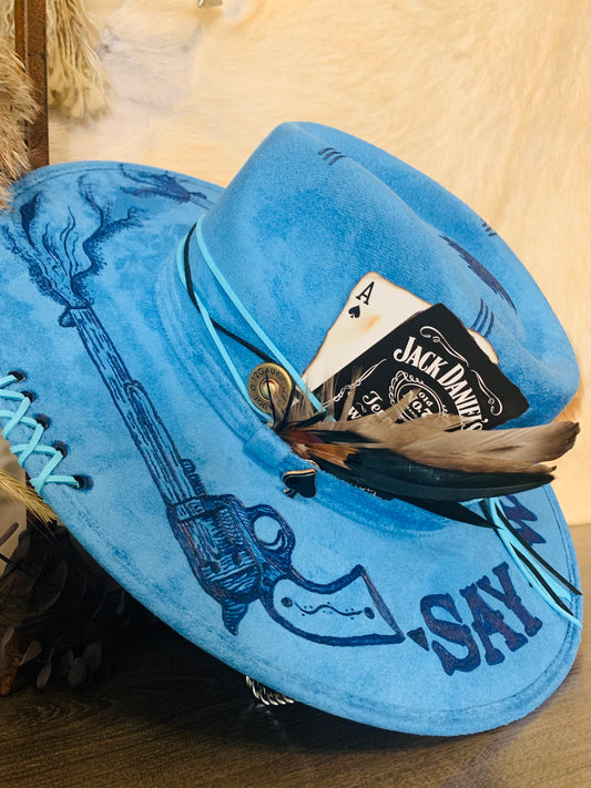 Hand Burned Rancher Hat with Pistols "Say When" Design