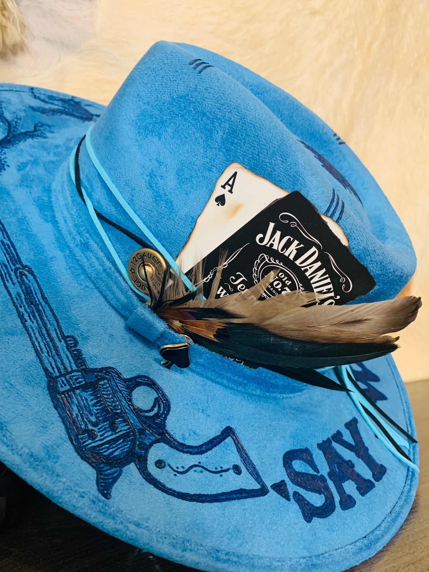 Hand Burned Rancher Hat with Pistols "Say When" Design