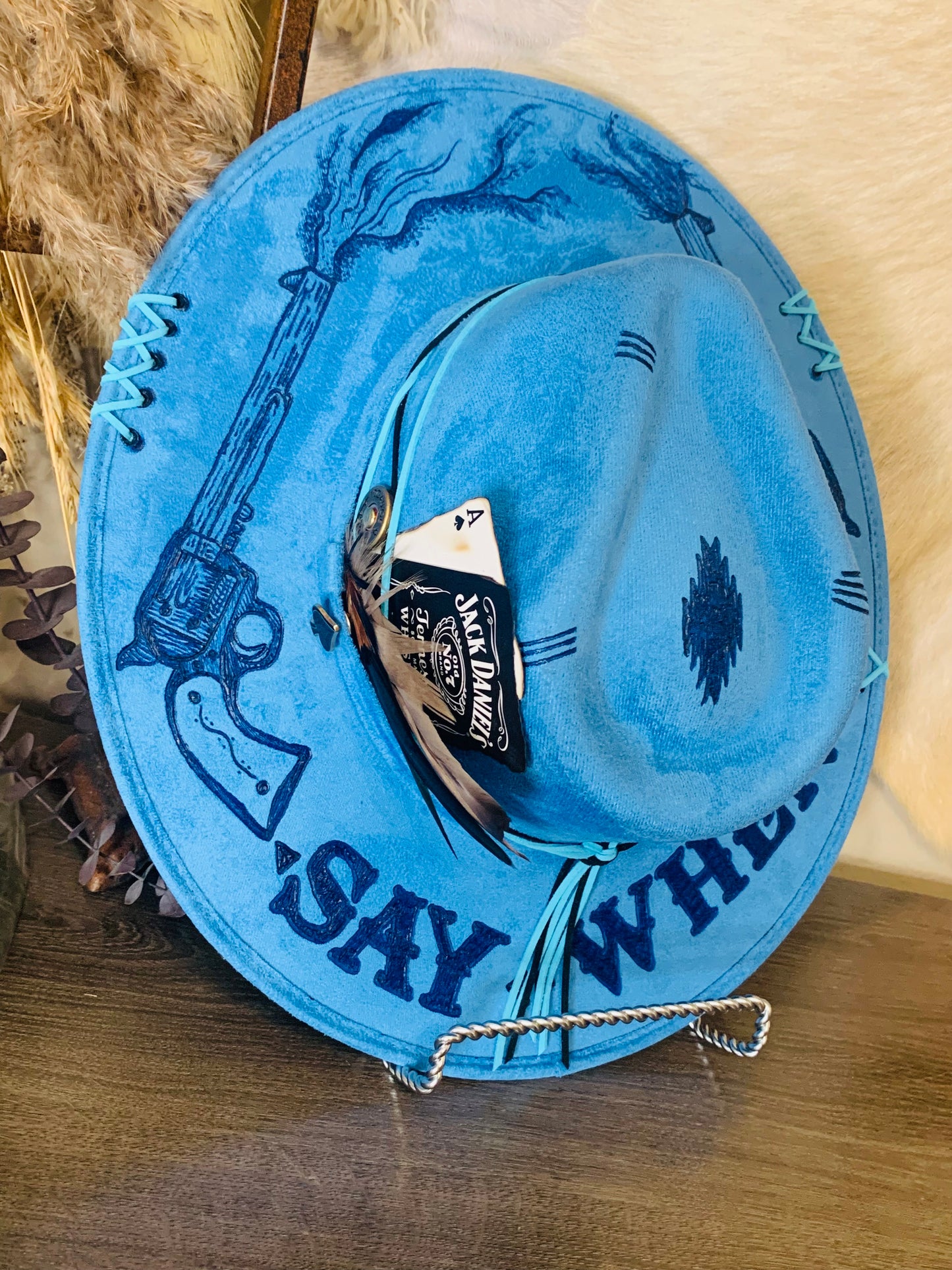 Hand Burned Rancher Hat with Pistols "Say When" Design