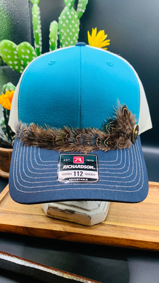 Richardson Feather Trucker Hat Three Tone Blue Teal/Birch/Navy