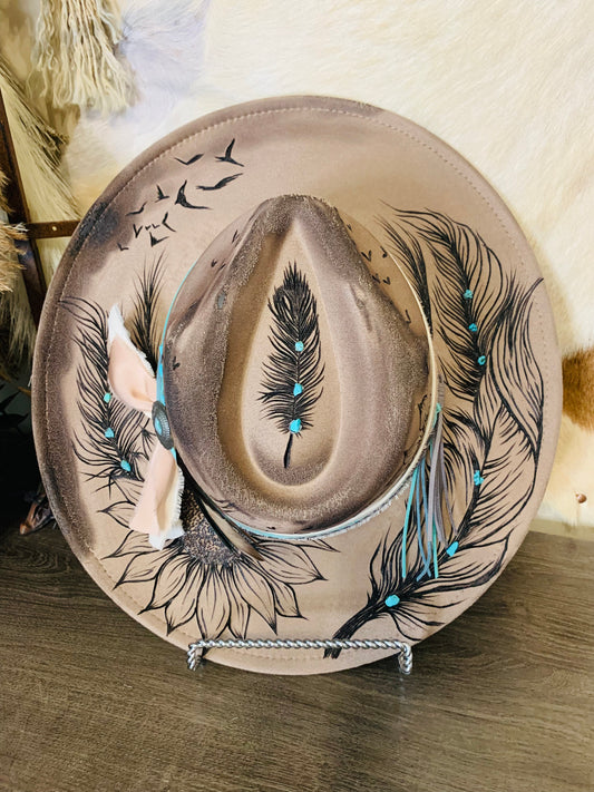 Hand Burned Rancher Hat with Feathers "On A Wing & A Prayer"