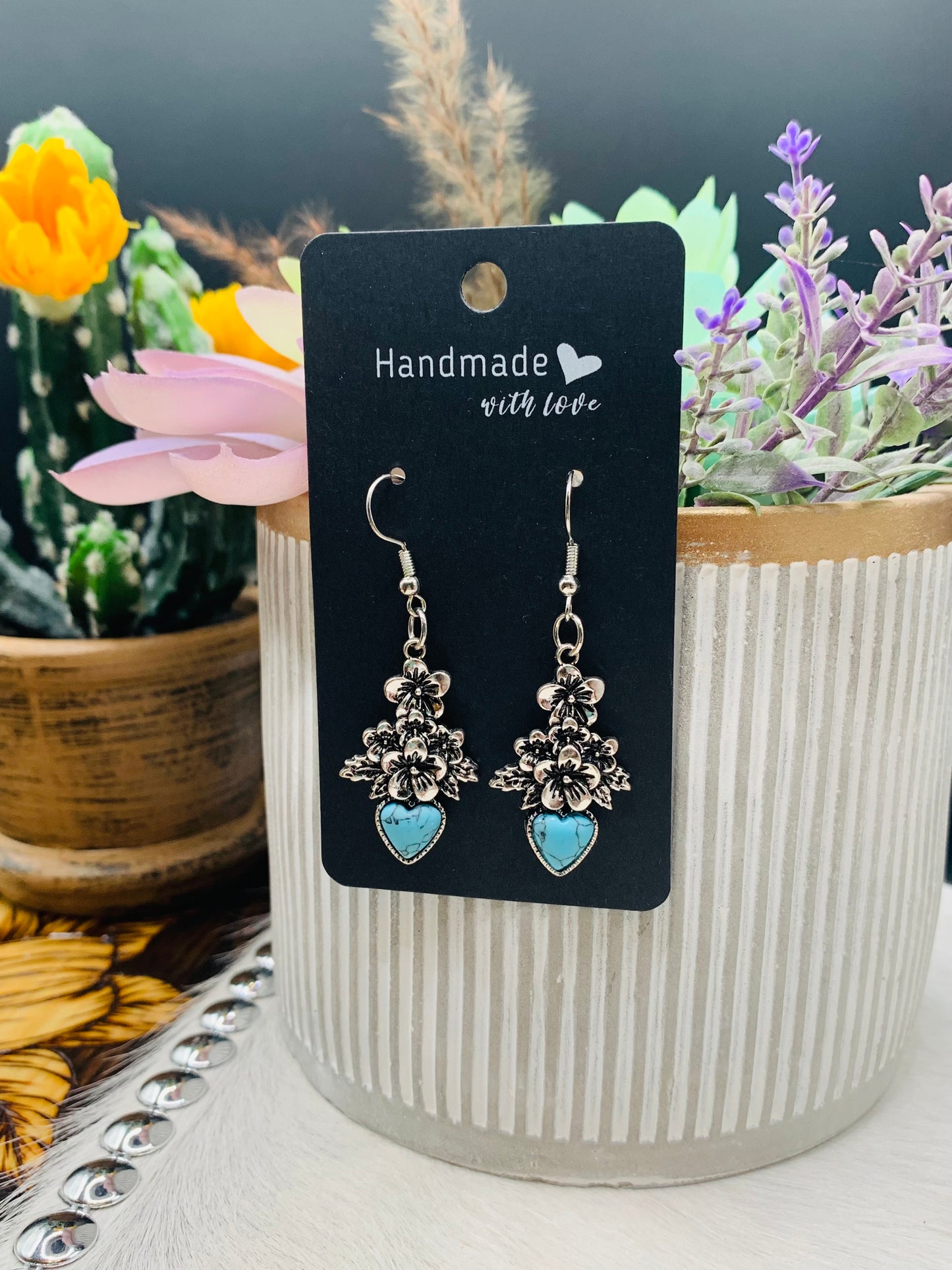 Antique Silver Turquoise Heart and Floral Earrings