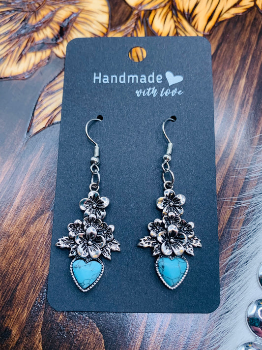 Antique Silver Turquoise Heart and Floral Earrings