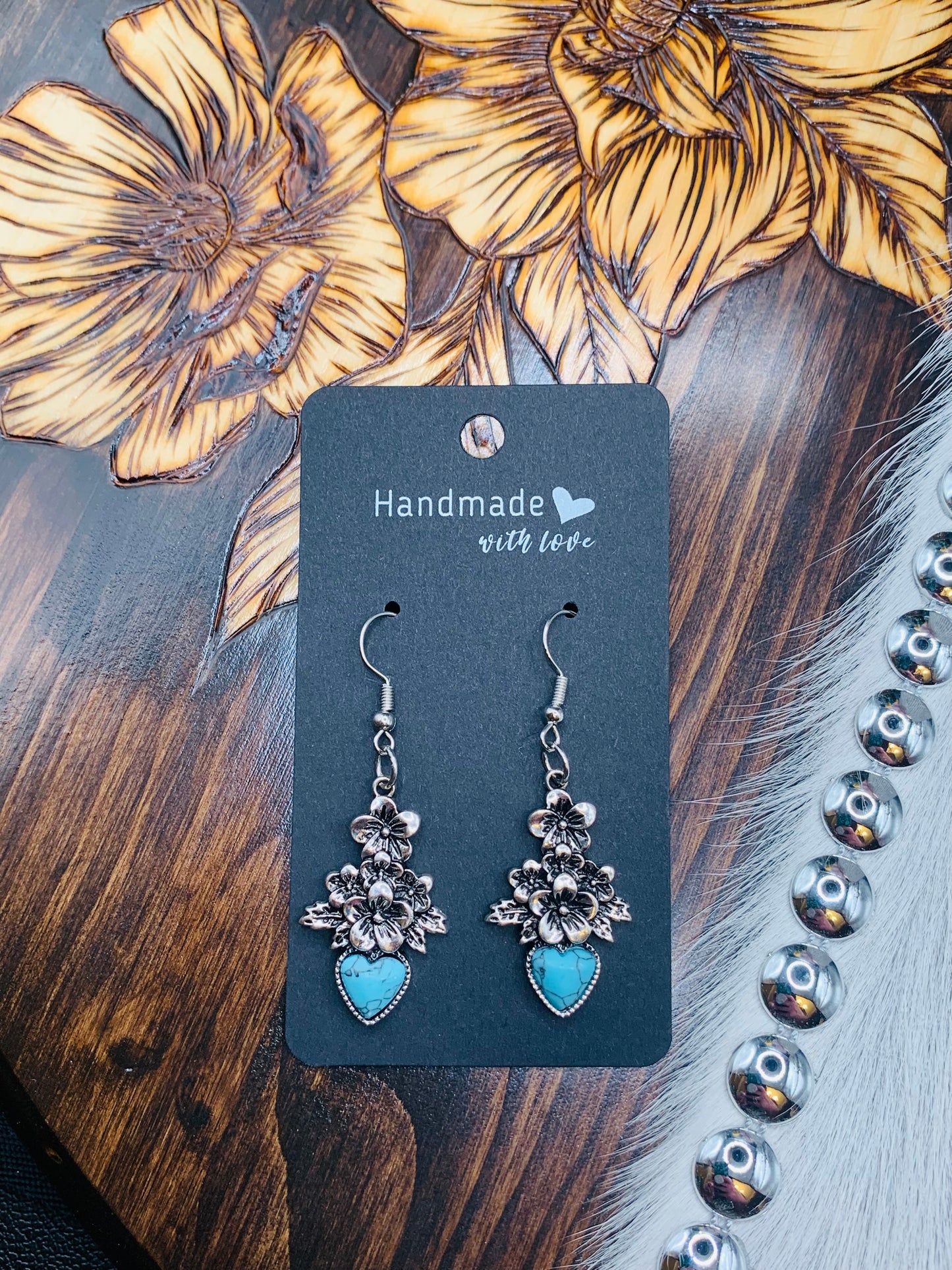 Antique Silver Turquoise Heart and Floral Earrings