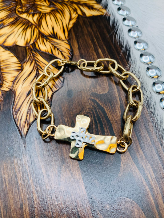 Gold Hammered Cross Bracelet