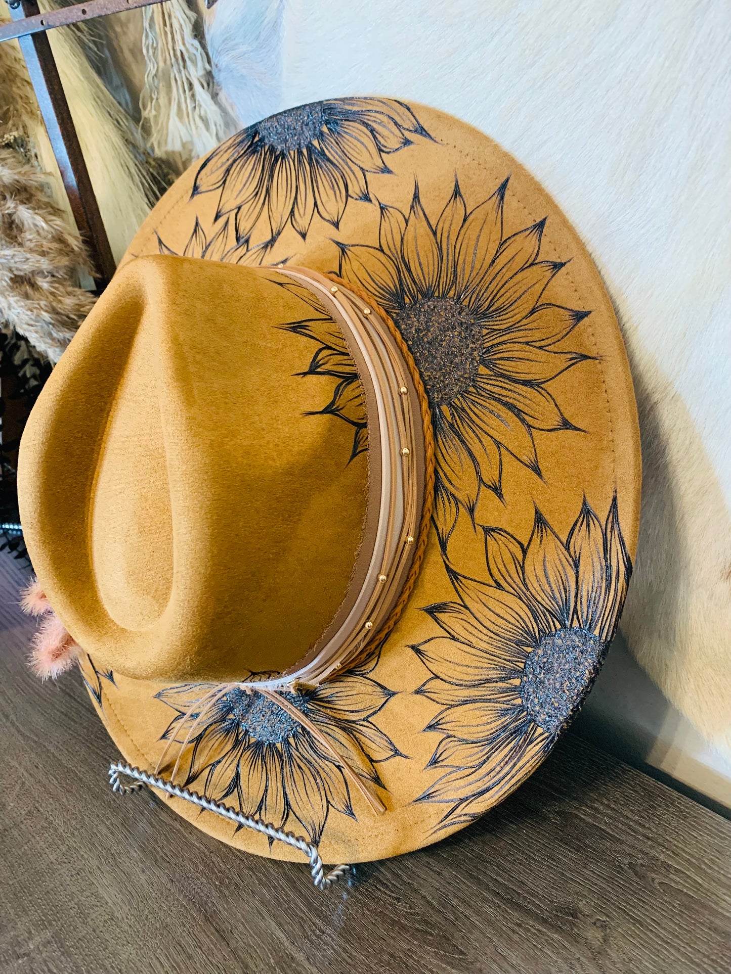 Hand Burned Rancher Hat with Sunflower Design