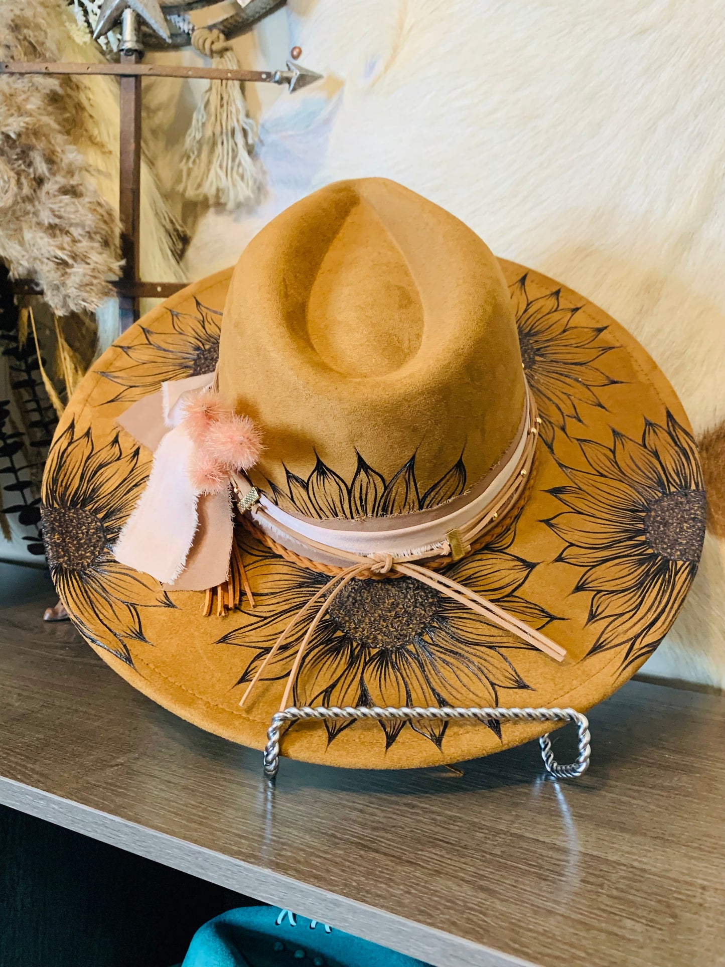 Hand Burned Rancher Hat with Sunflower Design