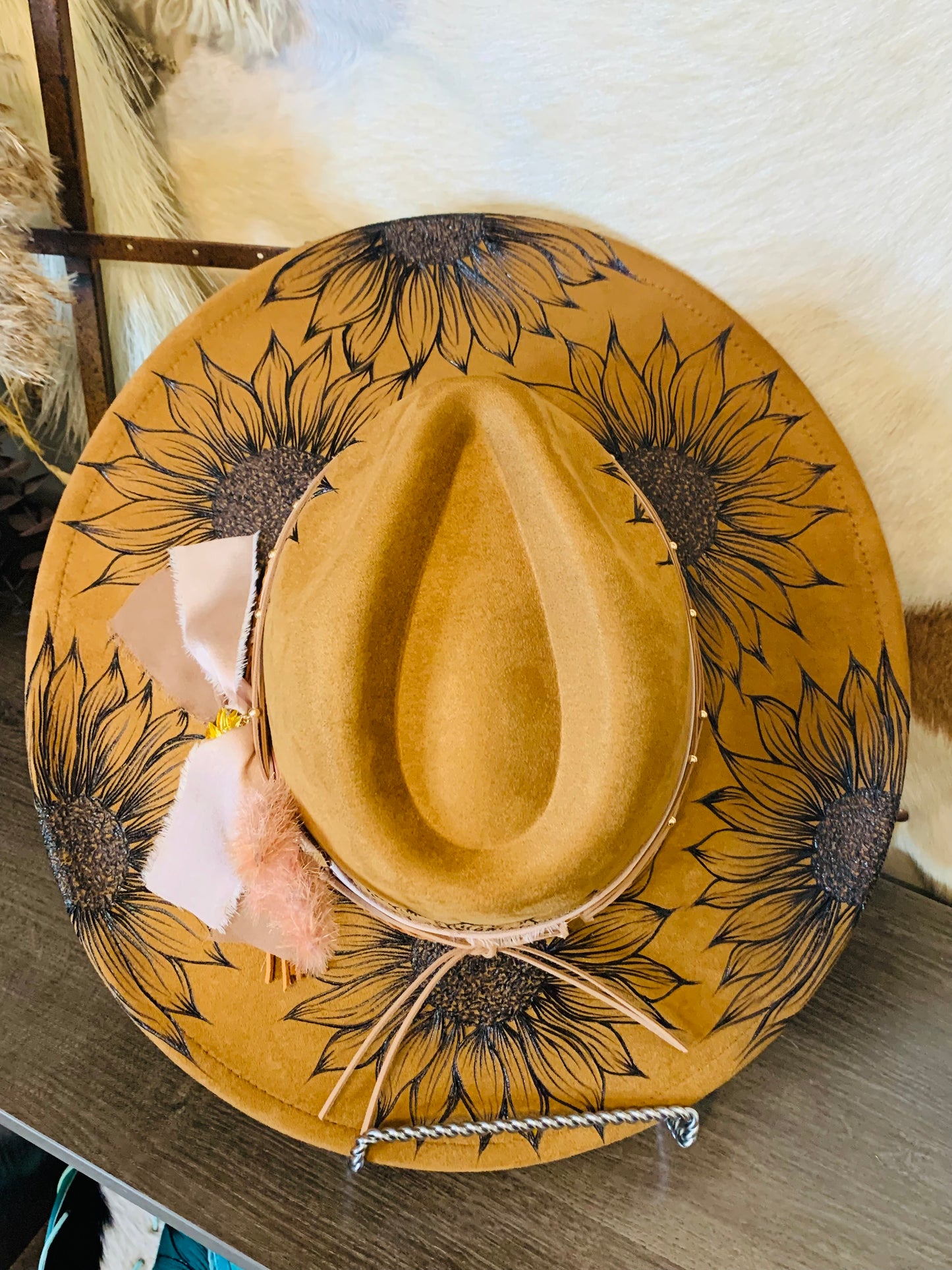 Hand Burned Rancher Hat with Sunflower Design