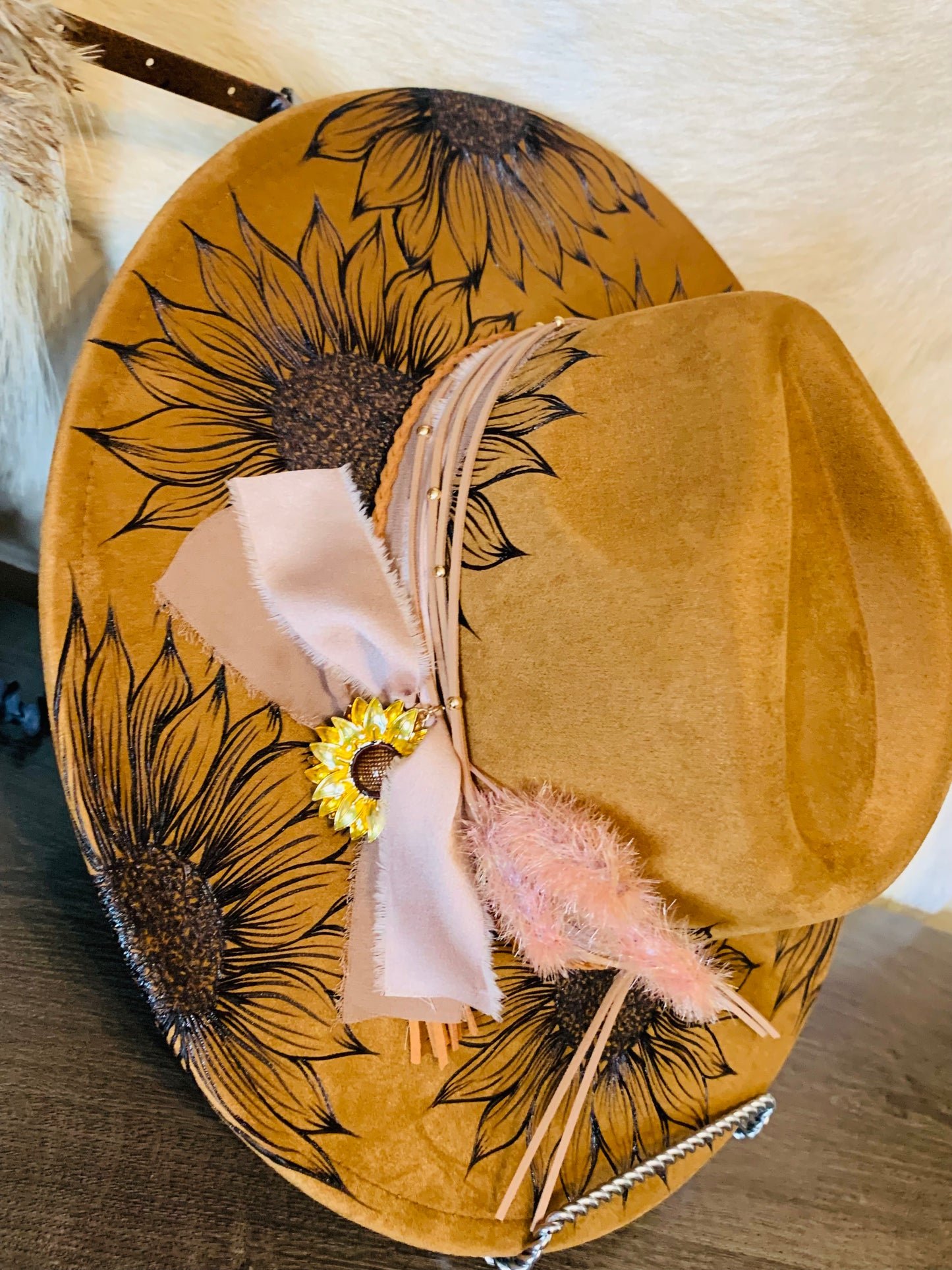 Hand Burned Rancher Hat with Sunflower Design