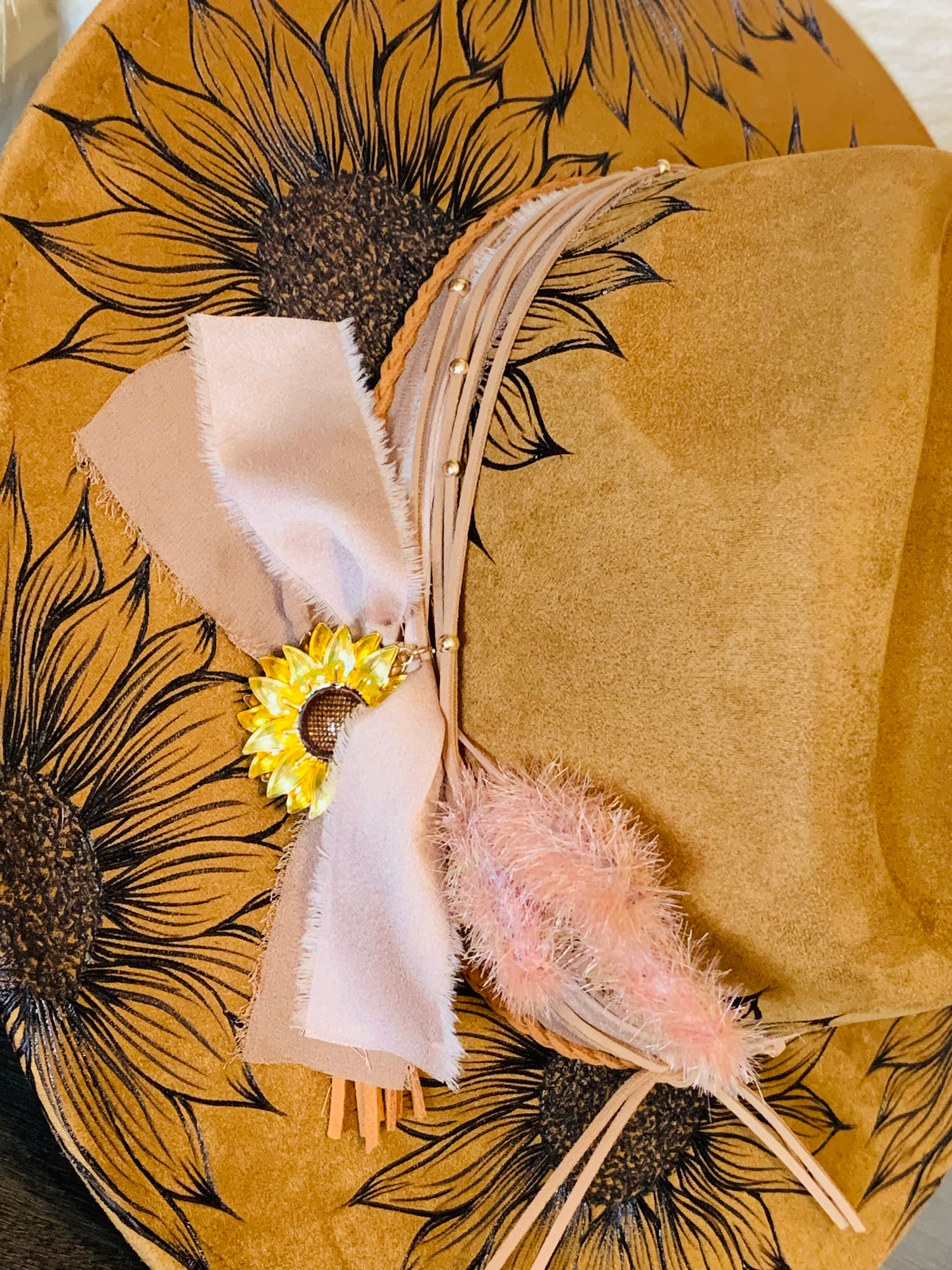 Hand Burned Rancher Hat with Sunflower Design