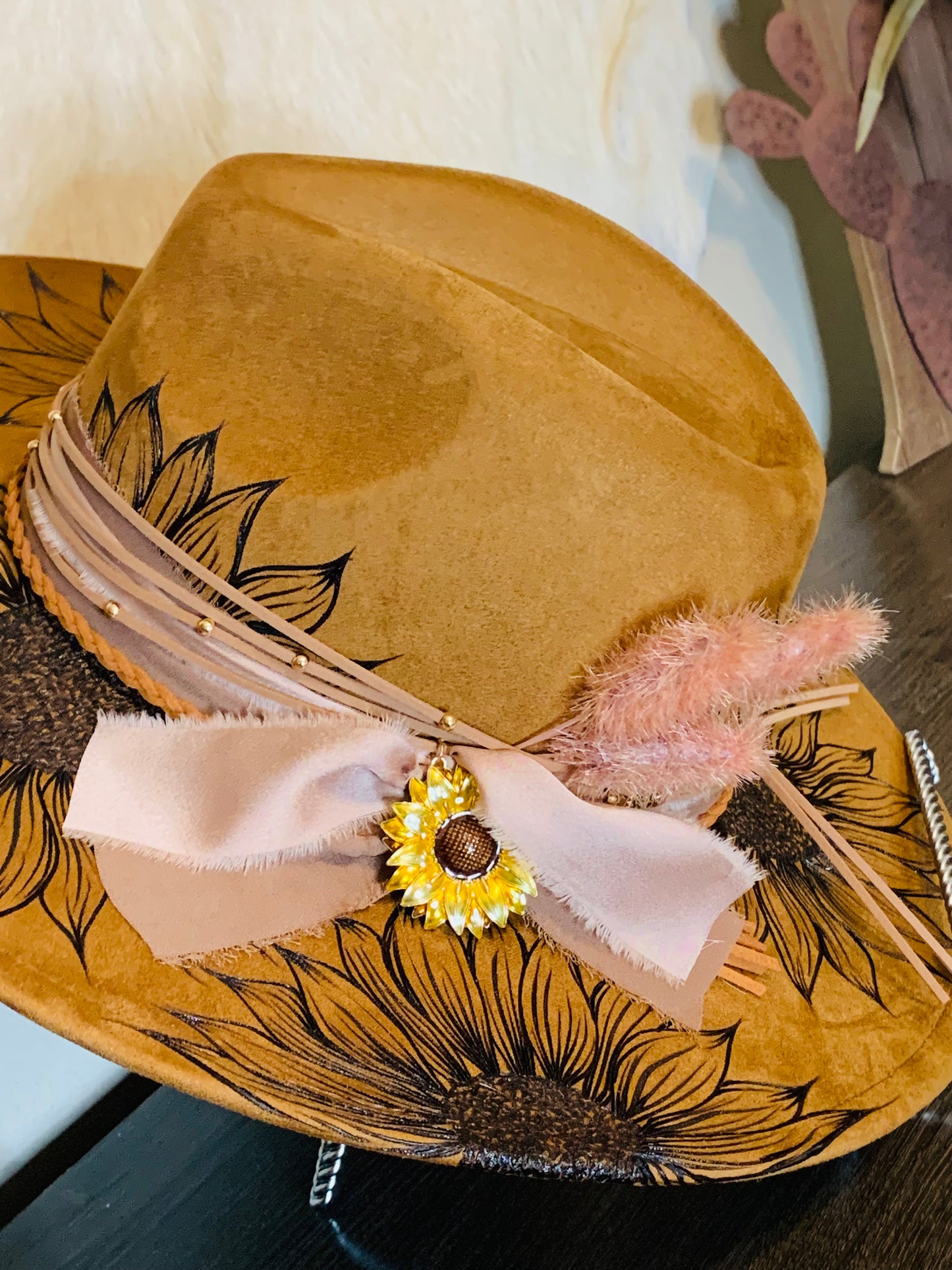 Hand Burned Rancher Hat with Sunflower Design
