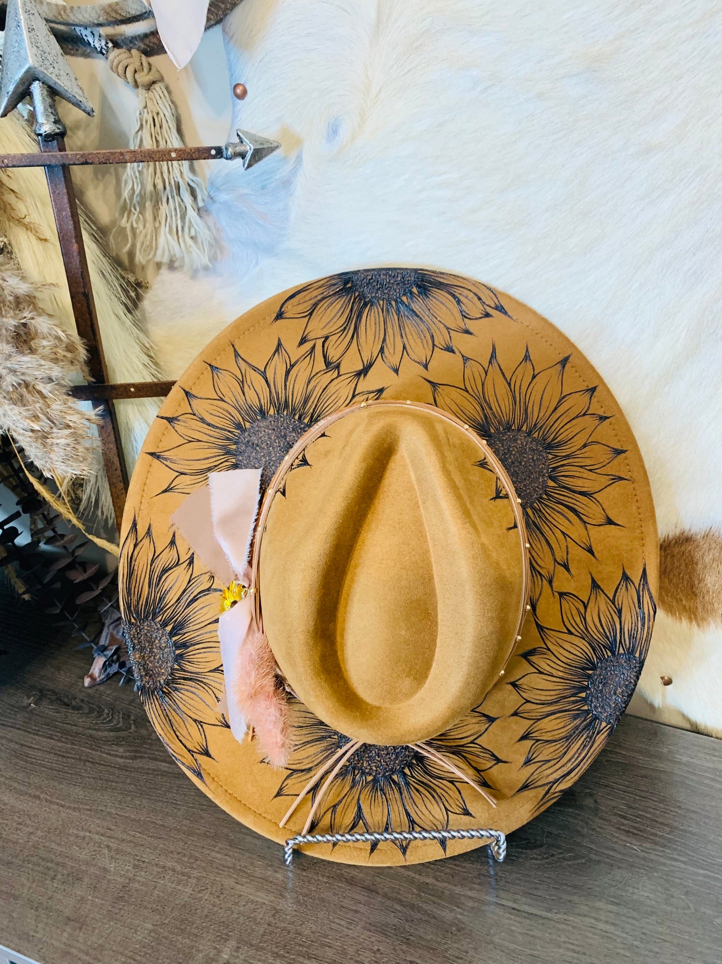 Hand Burned Rancher Hat with Sunflower Design