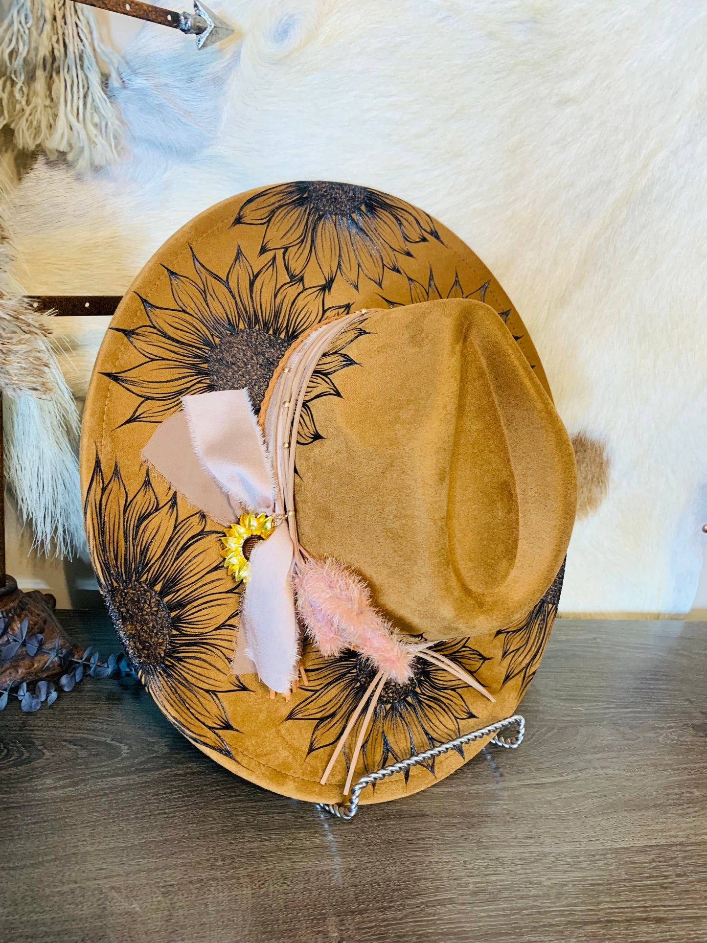 Hand Burned Rancher Hat with Sunflower Design